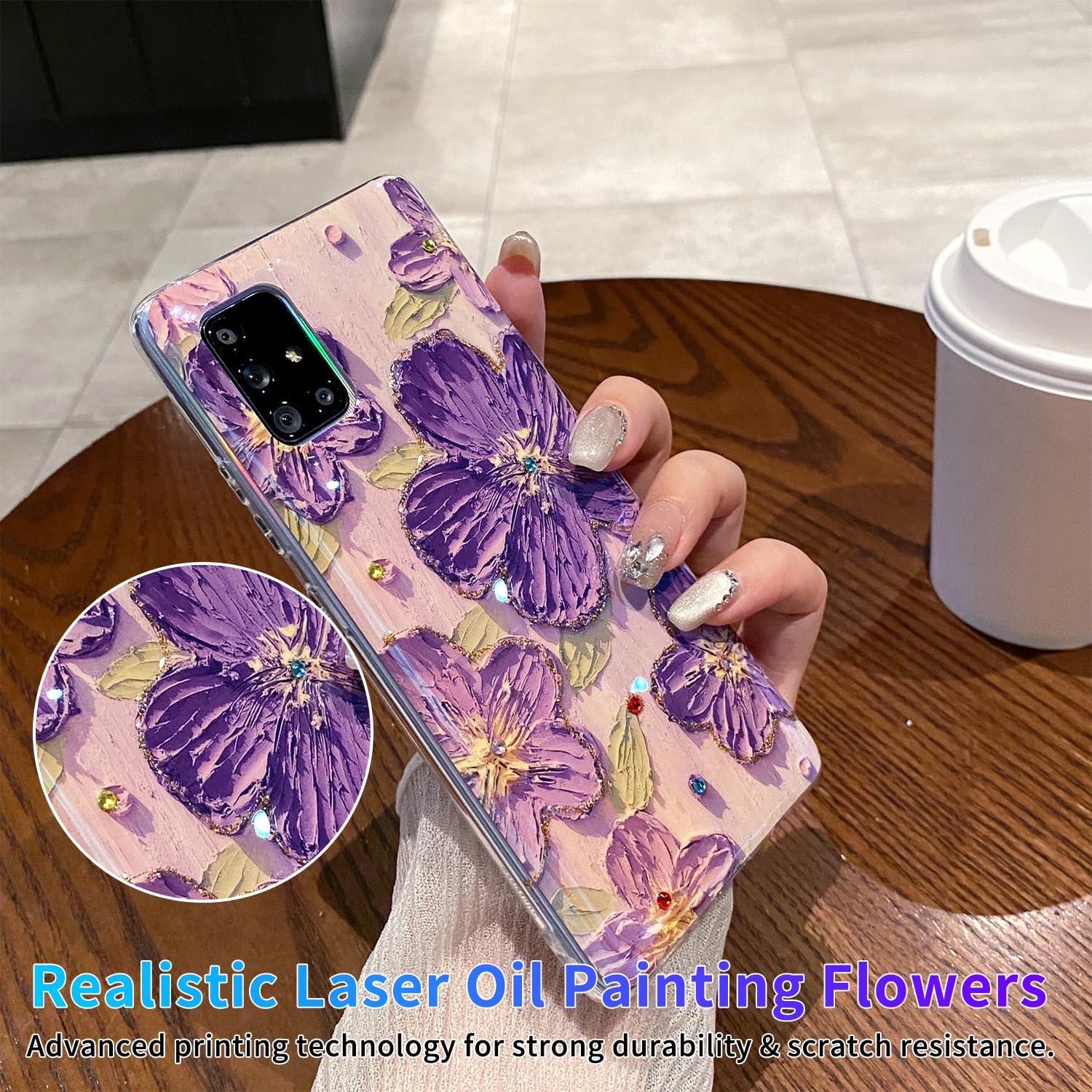 Leleyun Case For Samsung Galaxy A51 5G, Retro Oil Painting Printed Flower Cute Pattern With Glitter Gem Phone Cover Durable Tpu
