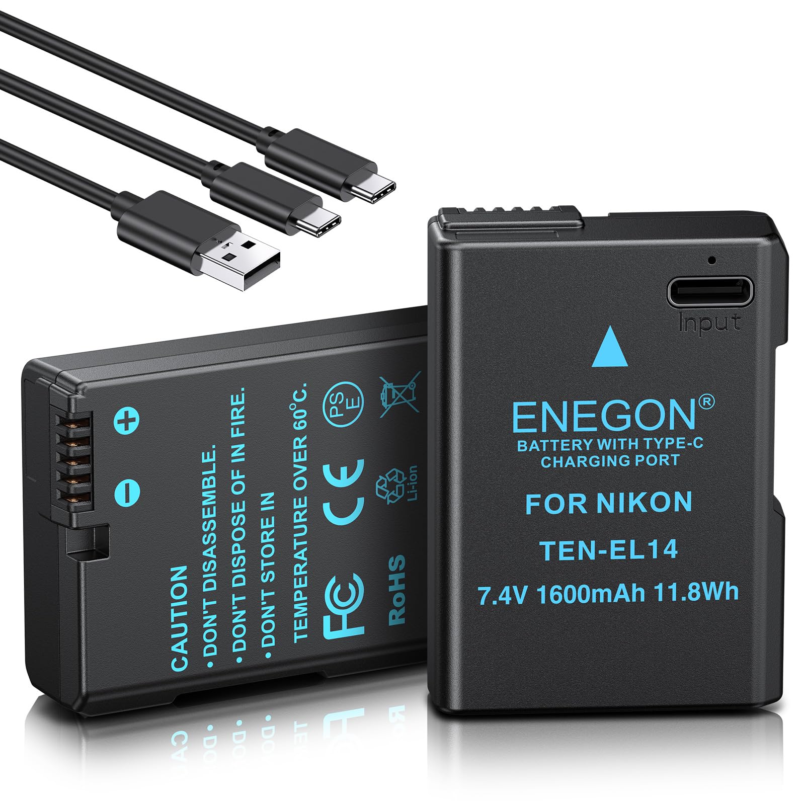 Enegon En El14 Usb C Direct Charging Replacement Batteries 1600Mah (2 Pack) With 2 In 1 Usb C Charging Cable For Nikon D5600, D5