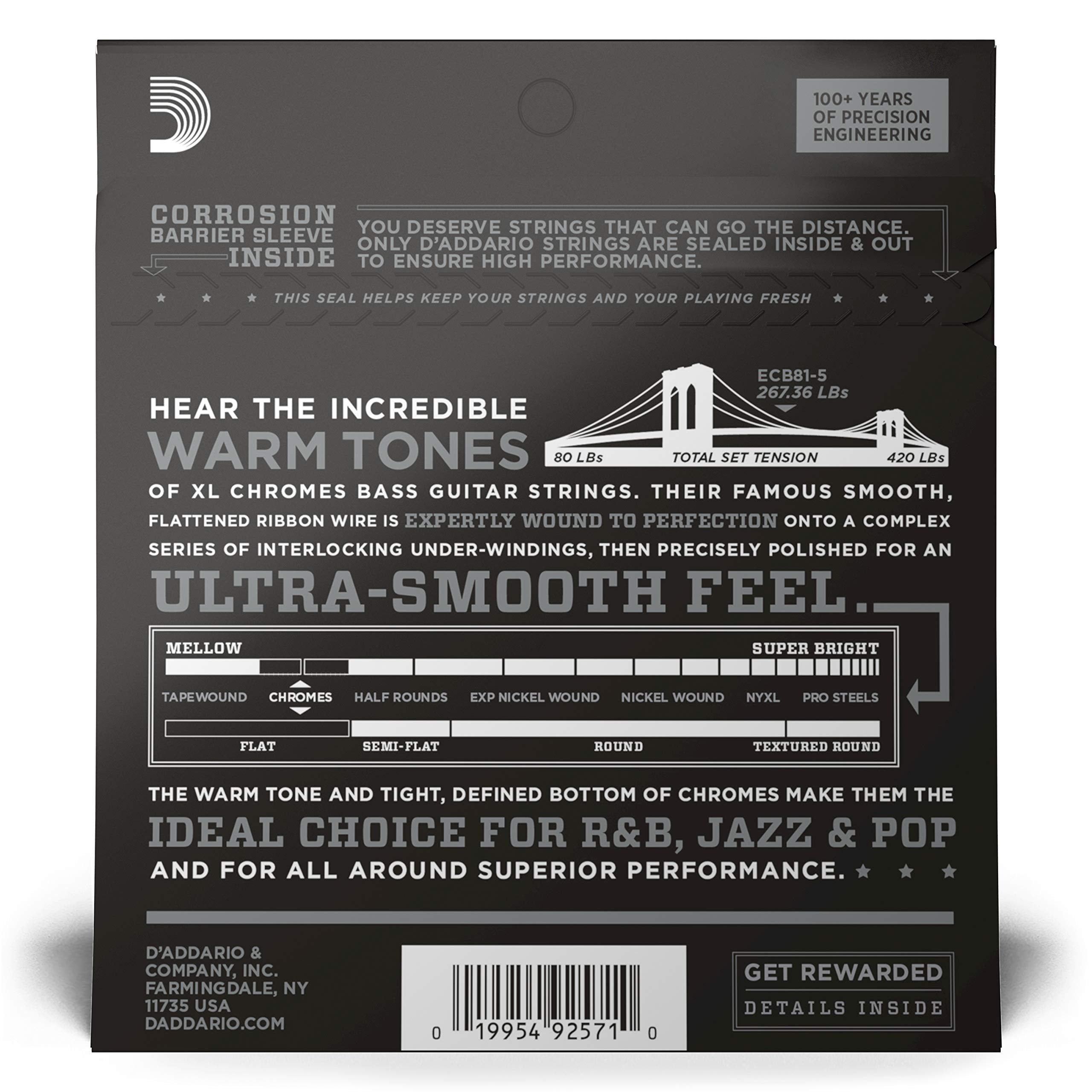 D'Addario Xl Chromes Flat Wound Bass Guitar Strings   Ecb81 5   5 String   Long Scale   Regular Light, 45 132