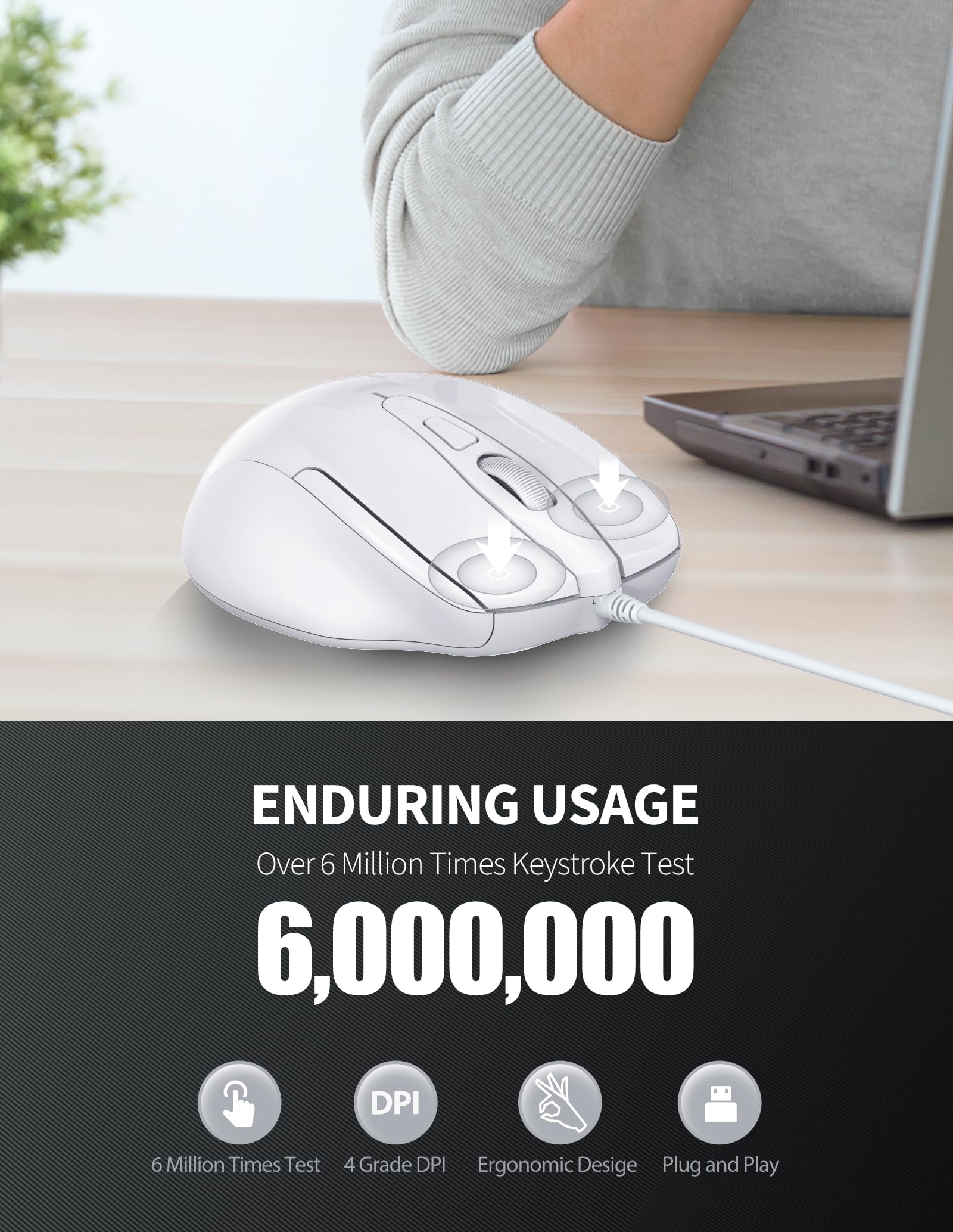 Tecknet Usb Wired Mouse, 6 Button Corded Mouse With 4 Adjustable Dpi, Optical Computer Mouse With Ergonomic Design And 5Ft Cord For Laptop, Chromebook, Pc, Desktop, Mac, Notebook Lt.White