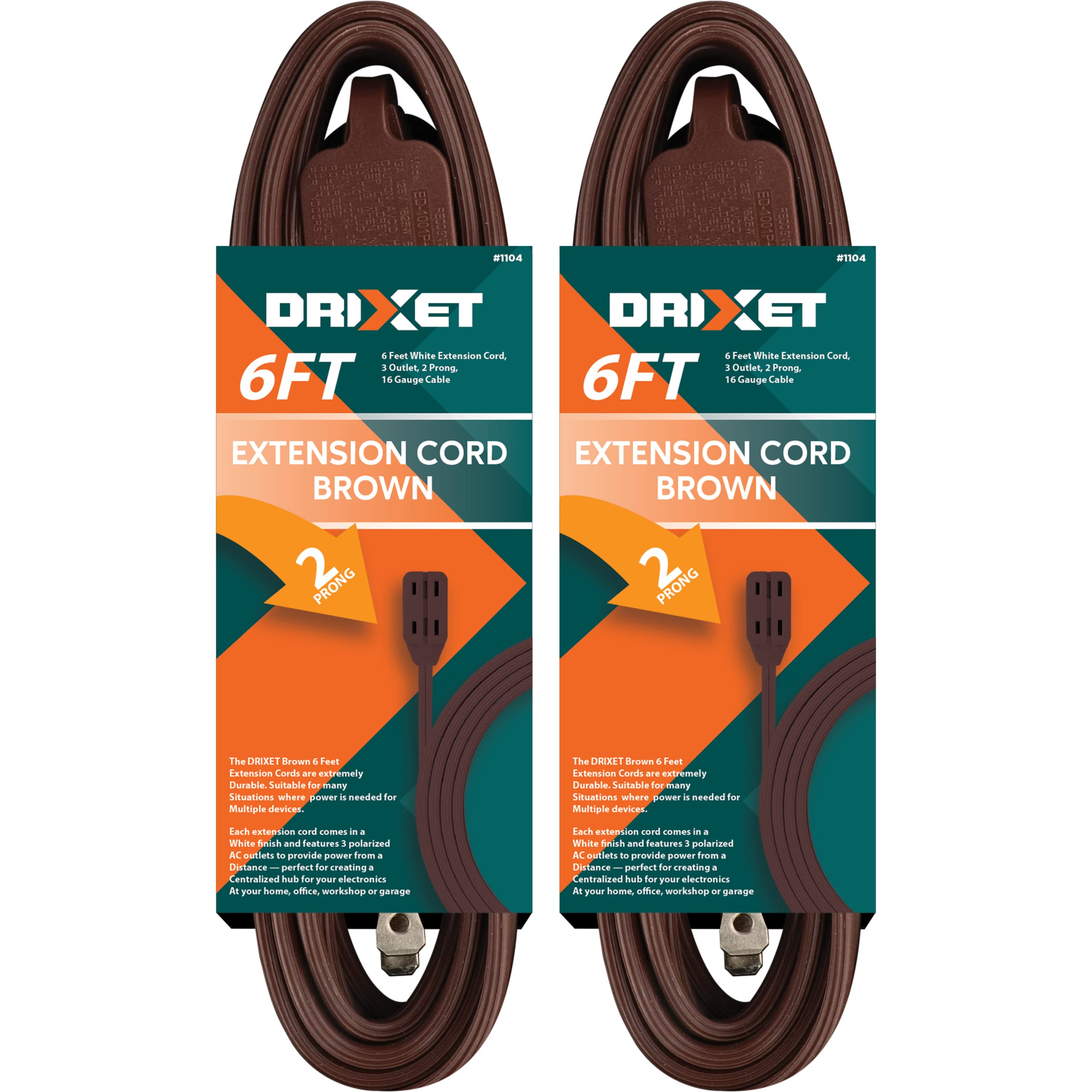 [Ul Listed] 6 Feet Brown Extension Cord, 3 Outlet, 2 Prong, 16 Gauge Cable, 3 Receptacle Cube Tap, Indoor Use, (2 Pack)   By Rev