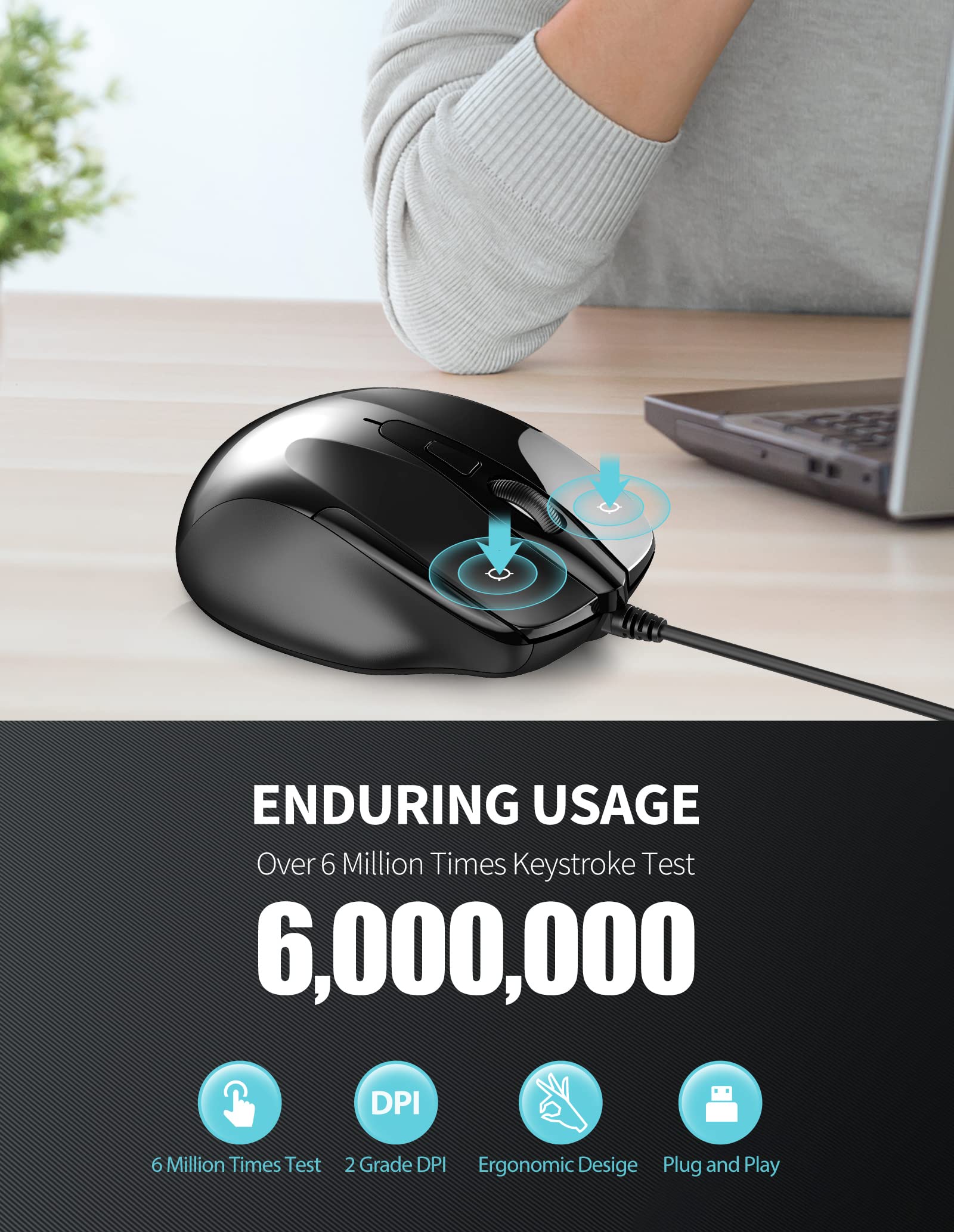 Tecknet Usb Wired Mouse, 6 Button Corded Mouse With 4 Adjustable Dpi, Optical Computer Mouse With Ergonomic Design And 5Ft Cord For Laptop, Chromebook, Pc, Desktop, Mac, Notebook Black