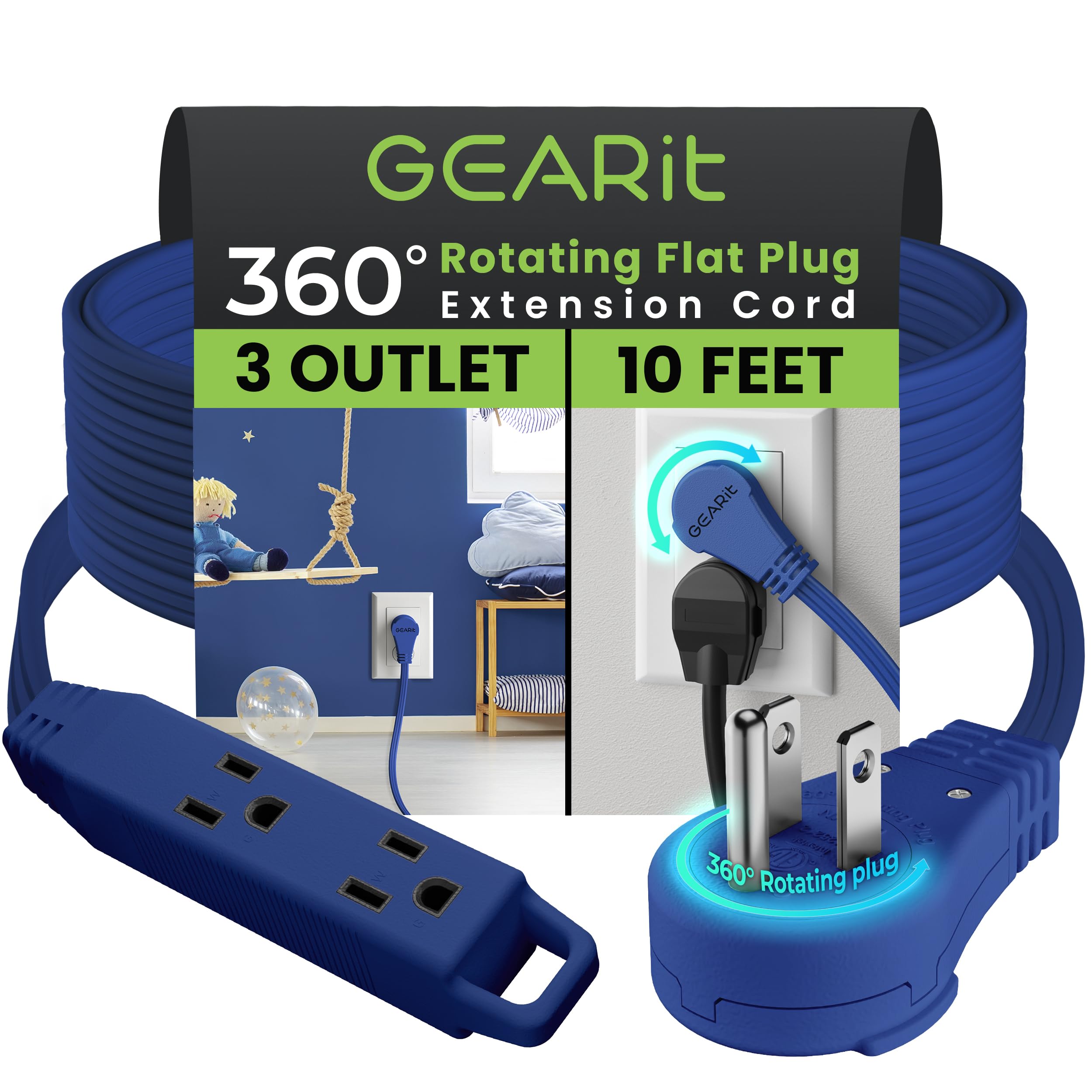Gearit 360 Rotating Flat Plug Extension Cord With 3 Outlets (10Ft, Navy) 16Awg/13A 3 Prong Wire, Outlet Saver For Home Office Do