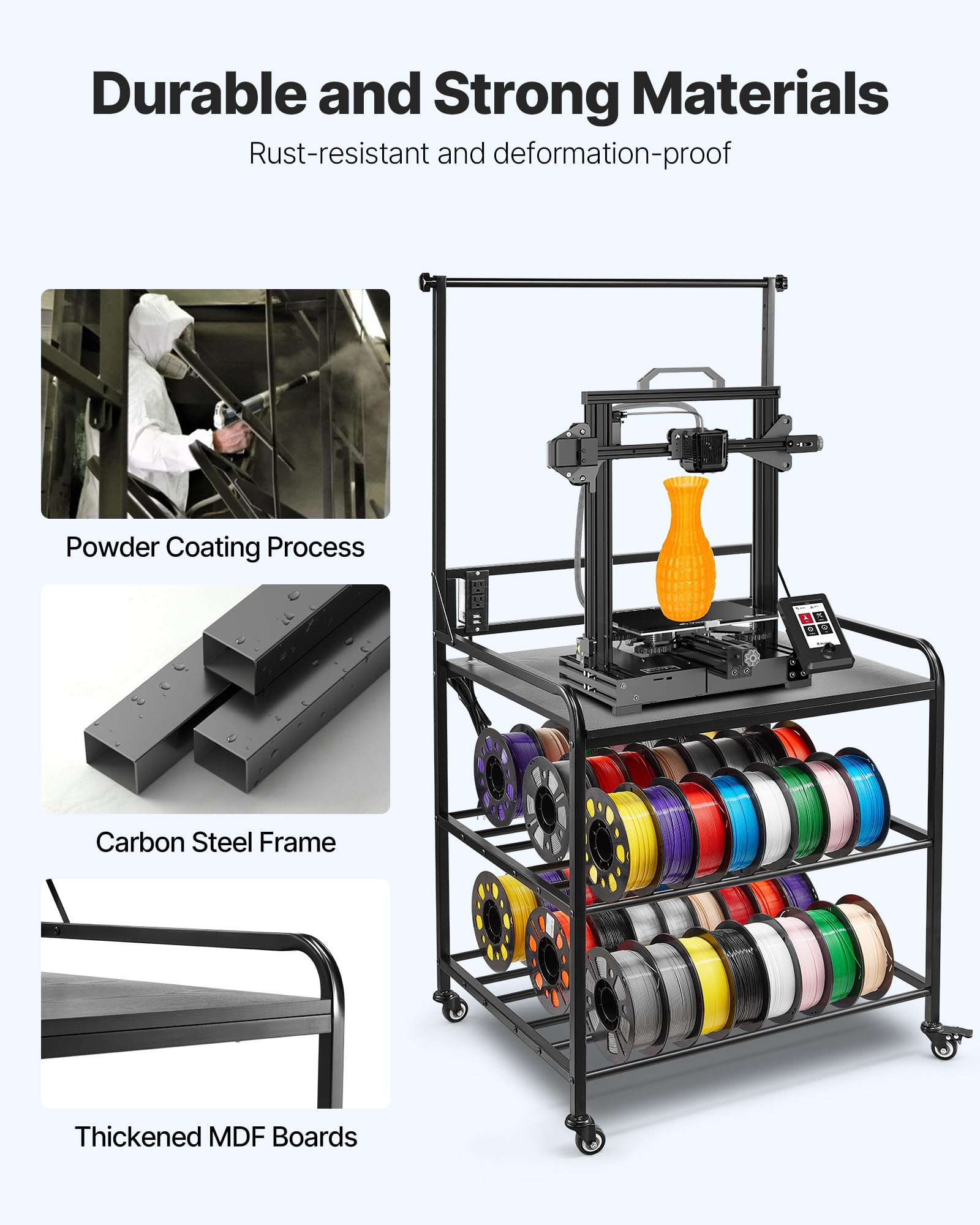 Vevor 3D Printer Filament Storage Rack, 3-Tier 3D Printer Stand With Filament Storage, Spools Holder Racks Cart With Wheels, Fil