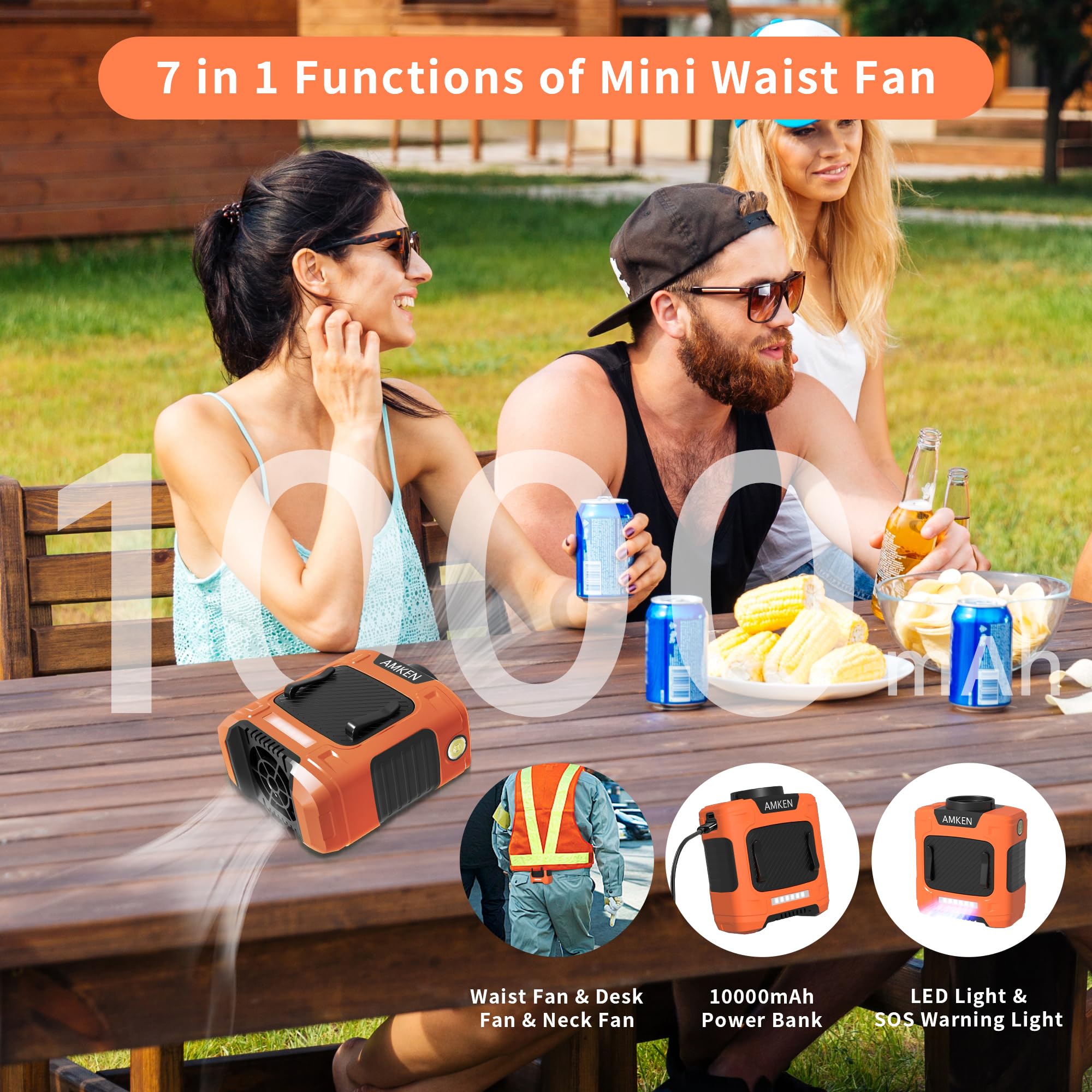 Amken Waist Fan   Belt Fan, Portable Clip Fan With 10000Mah Battery, 24 Hour Working Time, Led Sos Light   3 Speeds, 15500Rpm St