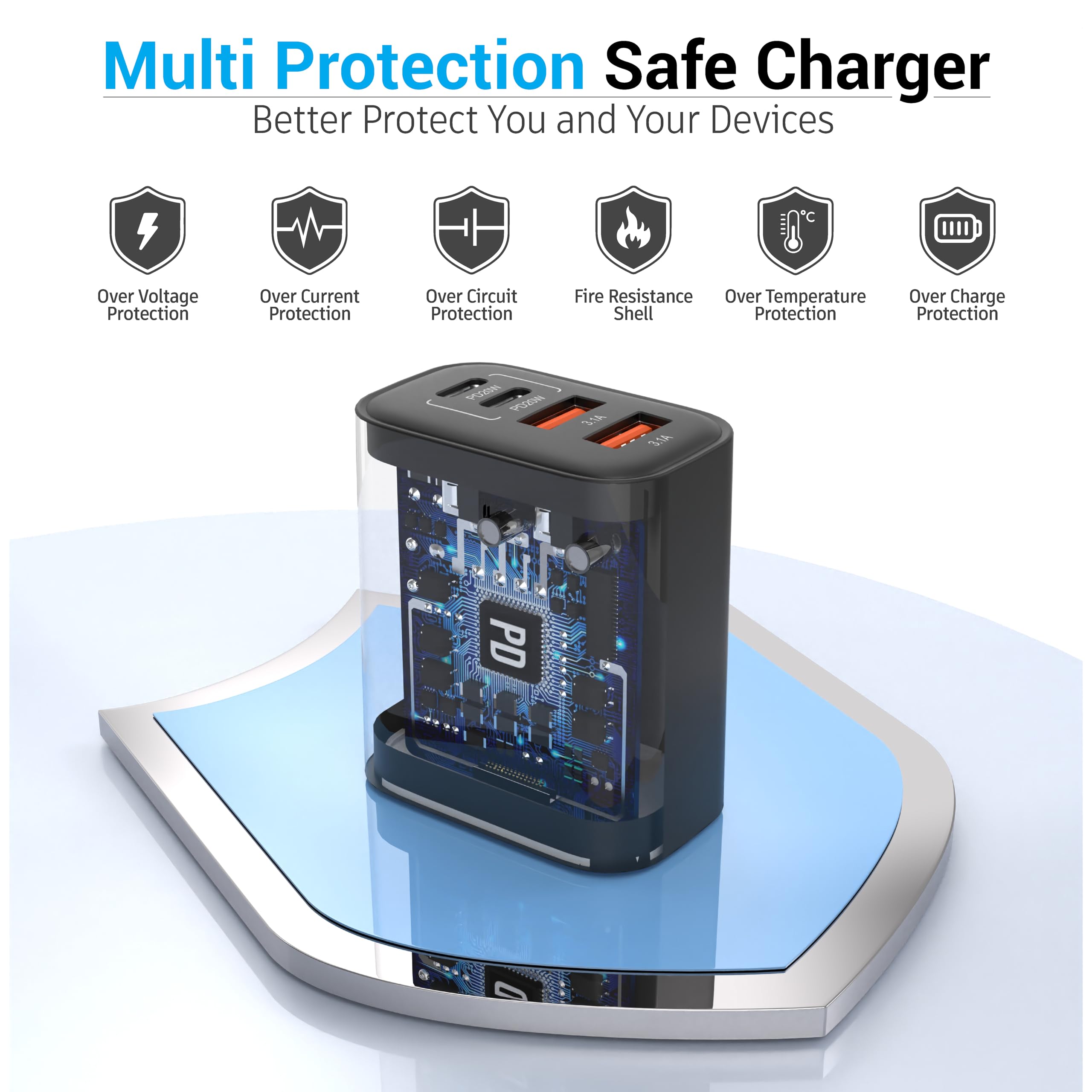 Usb C Block 40W, 4 Ports Wall Plug Fast Charging Block, Pd+Qc Multiport Power Adapter Usb C Charger Type C For Iphone 16,15,14,1