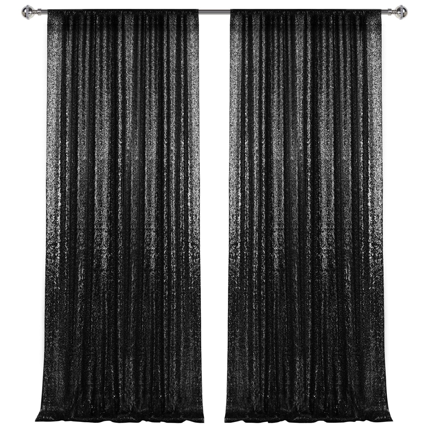 2  8Ft 2Pcs Black Sequin Backdrop Curtains Panels, Photography Backdrop Glitter Curtains Fabric Background For Wedding Party Dec