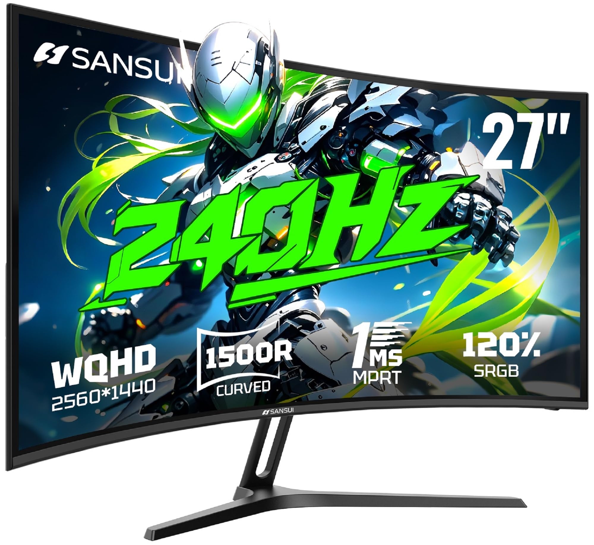 SANSUI 27 Inch Curved Gaming Monitor 240Hz, 2K WQHD 1500R Curved Computer Monitor, 120% sRGB, MPRT 1ms, Freesync, HDR, VESA(100 