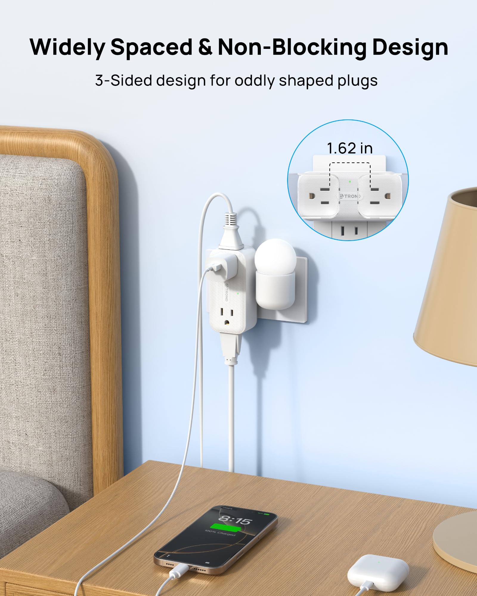Trond Surge Protector Outlet Extender With 360 Rotating Plug, 4 Ac Plug Adapter, 900 Joules Surge Protection, A Small Charging S