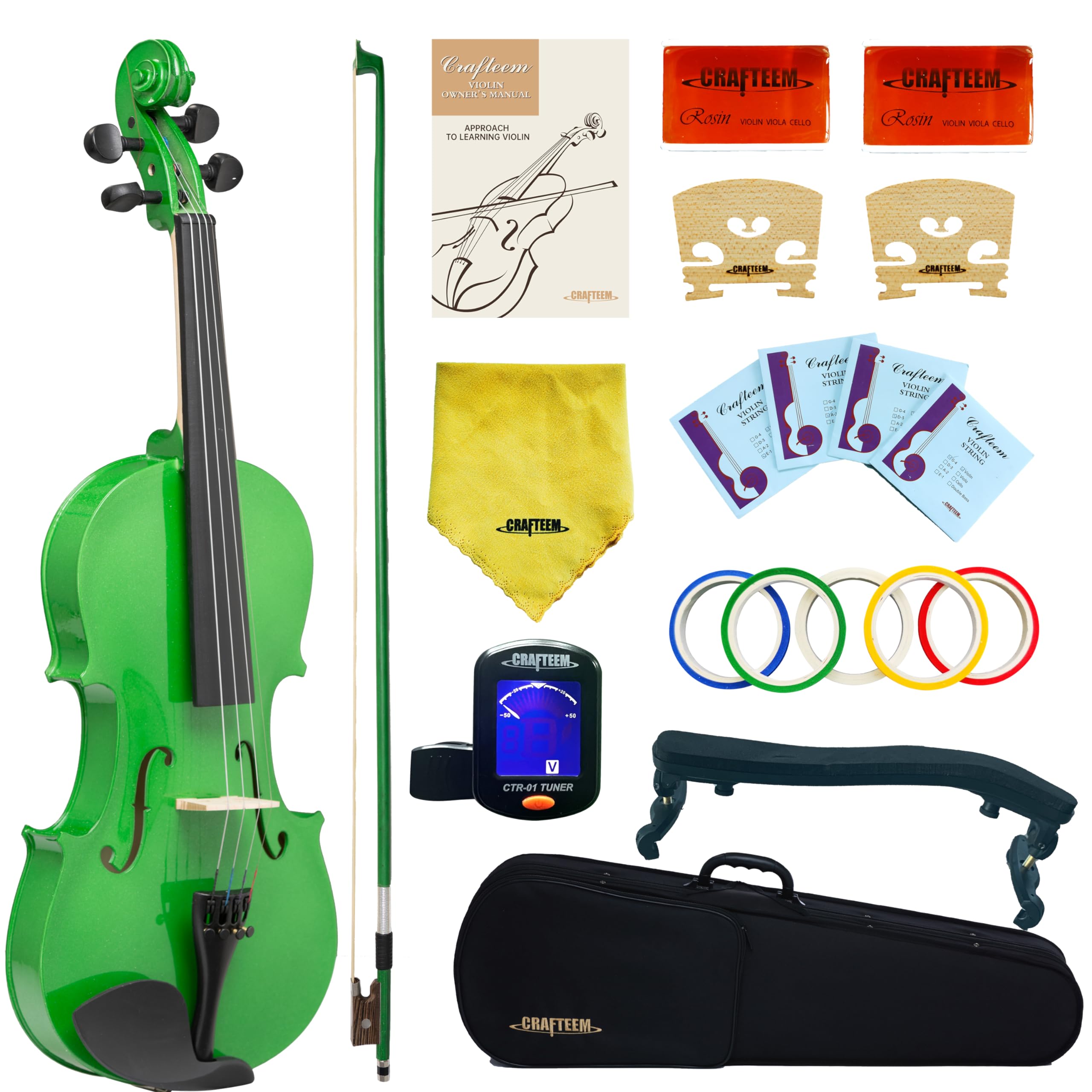 Crafteem 4/4 Full Size Fiddle Green Colored Premium Violin Outfit for Beginners Adults Kids With 5 Color Fingering Tape- Handcra