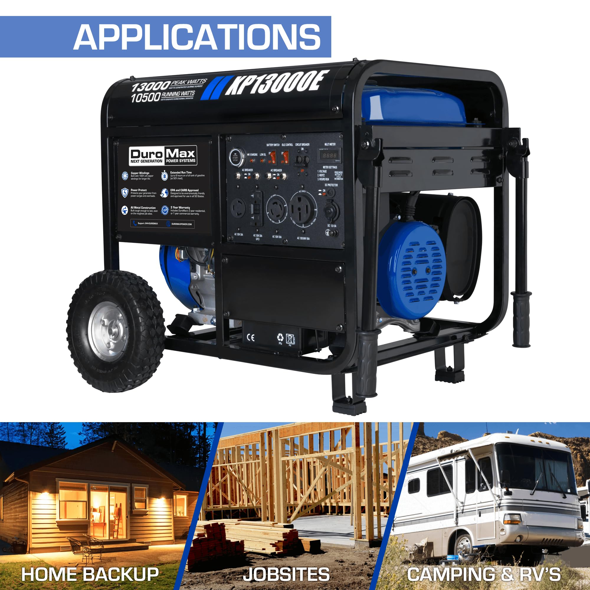 Duromax Xp13000E 13,000 Watt Gas Powered Portable Generator   Electric Start, Whole Home Backup Power, Transfer Switch Ready, Rv