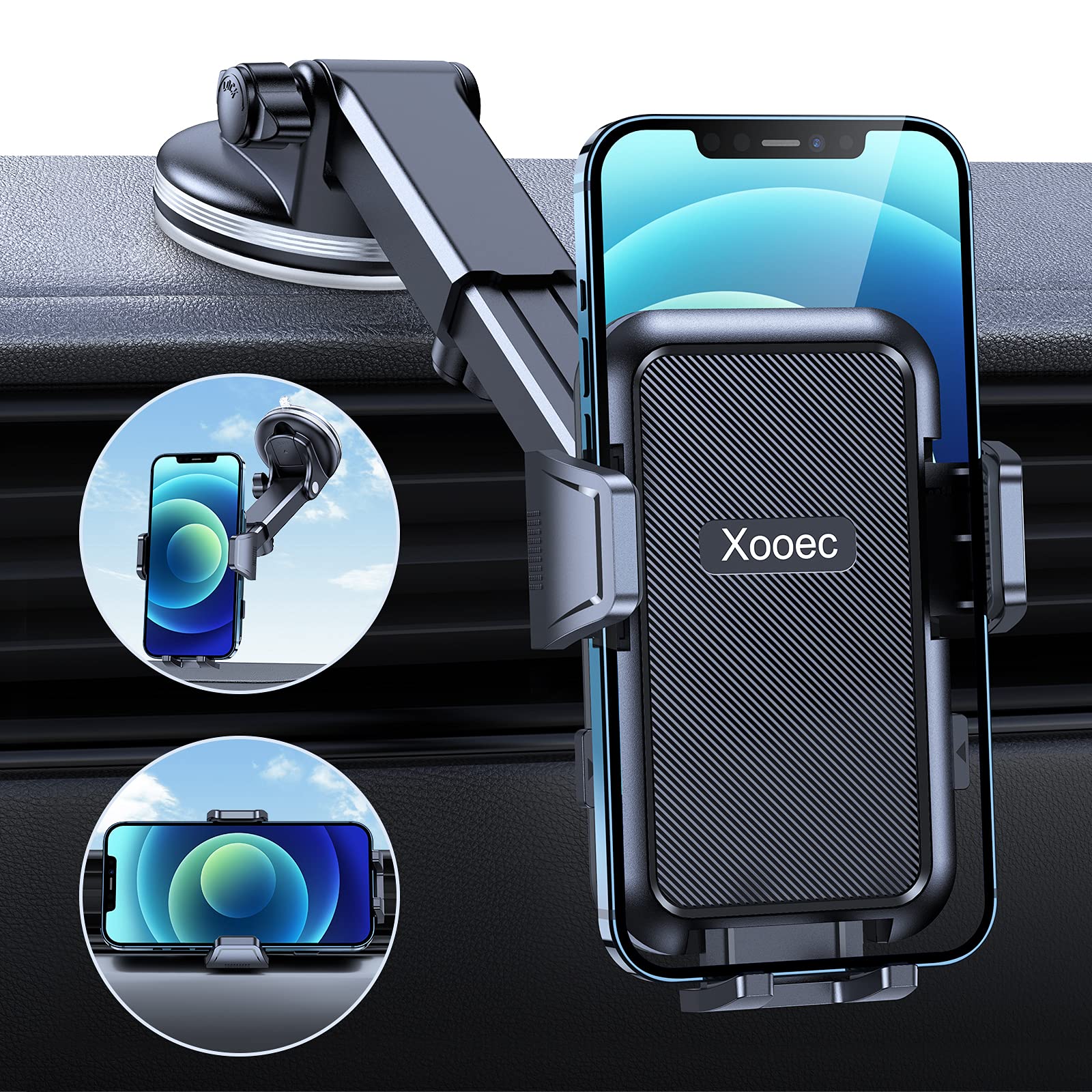 Xooec Car Phone Holder Mount [Durable & Super Suction] Cell Phone Mount For Car Dashboard Air Vent Windshield Universal 360 Hand