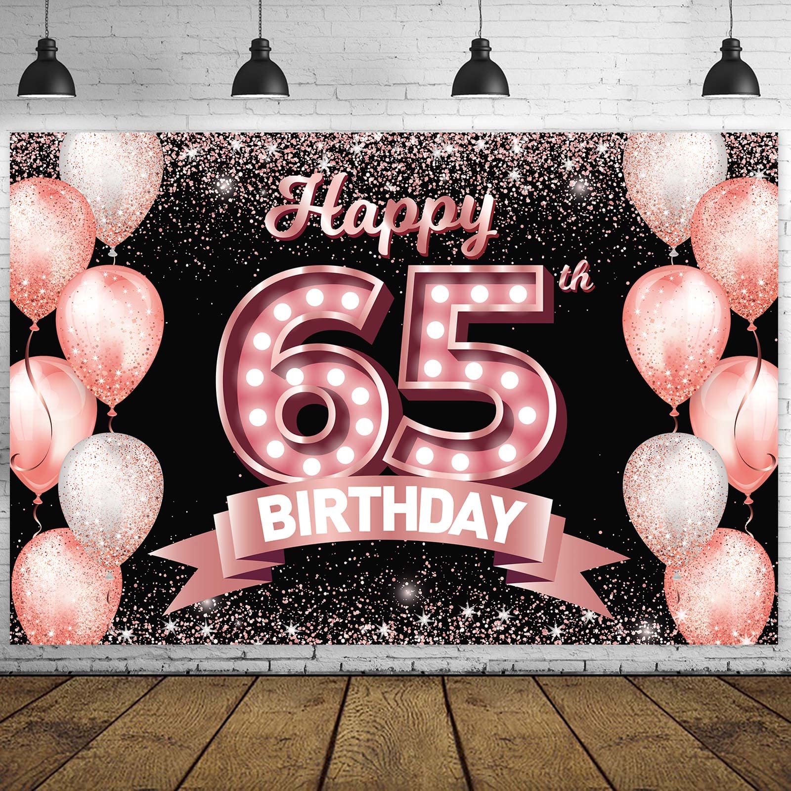 Happy 65Th Birthday Rose Gold Banner Backdrop Cheers To 65 Years Old Confetti Balloons Theme Decor Decorations For Women 65 Year