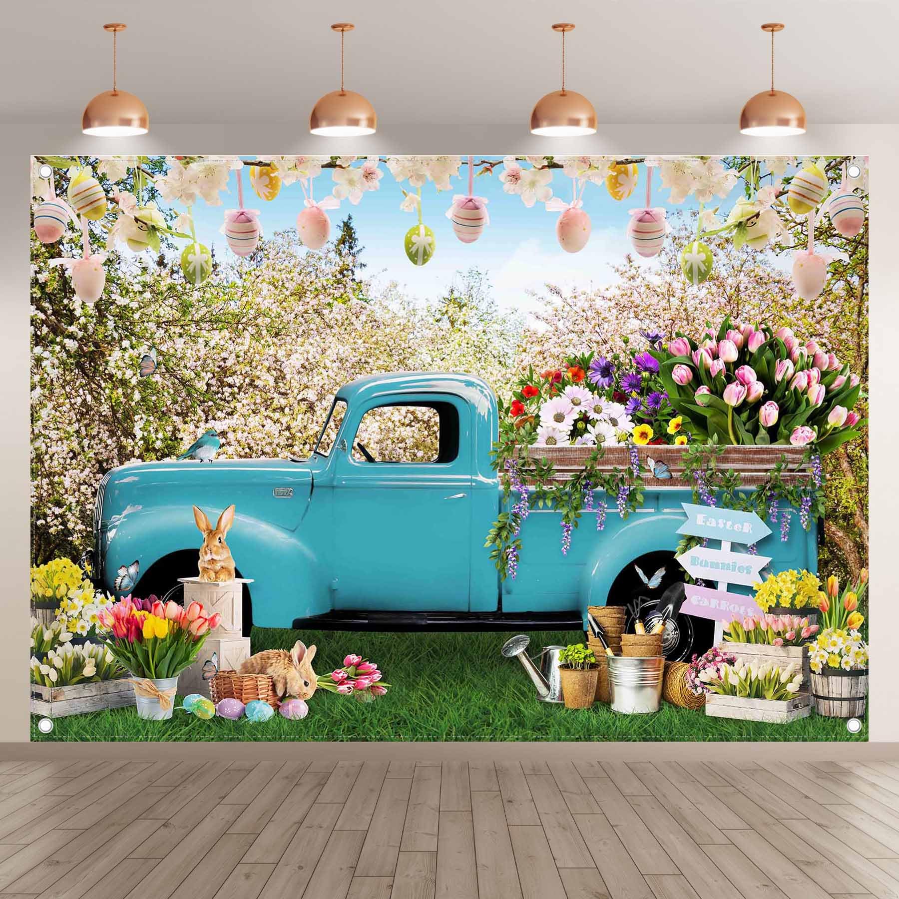 Zthmoe 7X5Ft Fabric Spring Easter Photography Backdrop Blue Truck Colorful Eggs Flowers Rabbit Background Tulip Floral Forest Ph