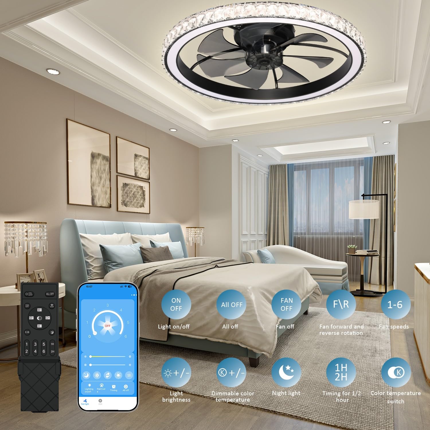 Aipsun Low Profile Modern Crystal Chandelier Ceiling Fans With Lights And Remote, 3000K-6500K Smart Bladeless Led Fan Light, 26
