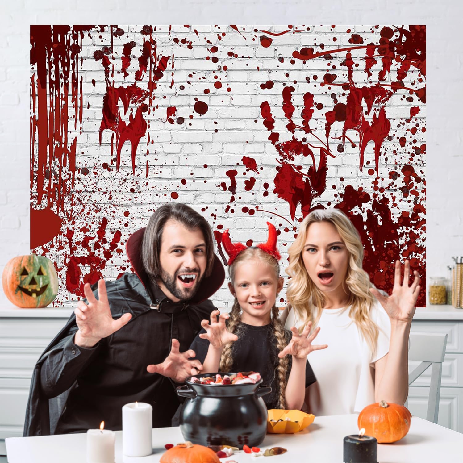 Mocsicka Halloween Backdrop Horrible Scary Bloody Brick Wall Photo Backdrops Hand Print Bloodstain Splatter Party Decorations Ba