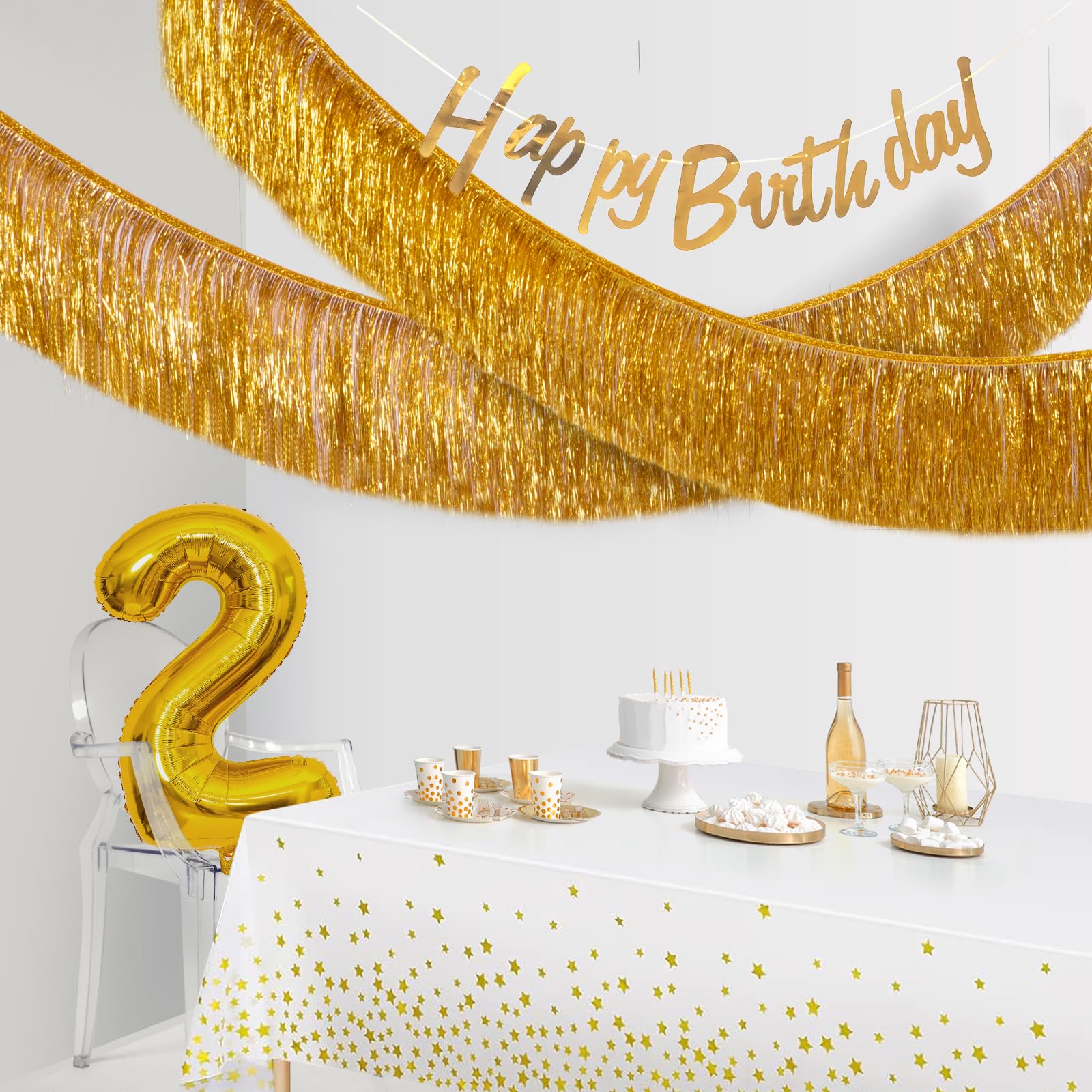 C&B Gold Foil Fringe Garland Party Decorations, 6 Feet Gold Tinsel Metallic Glitter Banner, Hanging Gold Banner Table Skirt For