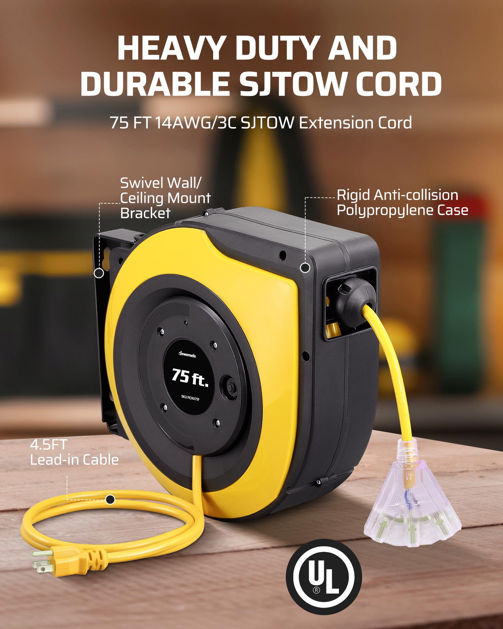 Dewenwils Retractable Extension Cord Reel, 75 Ft Heavy Duty Power Cord, 14/3C Sjtow Retractable Cord Reel, Lighted Triple Outlet