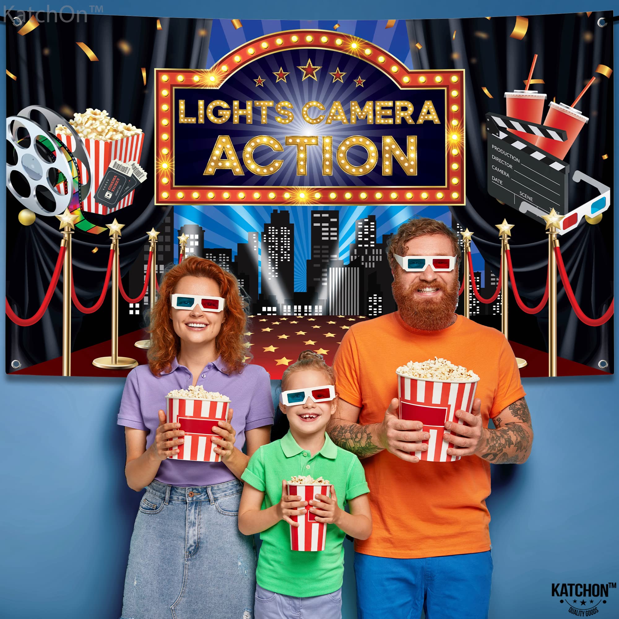 Katchon, Lights Camera Action Backdrop   Large, 72X44 Inch | Movie Theme Party Decorations, Oscar Party Decorations | Lights Cam