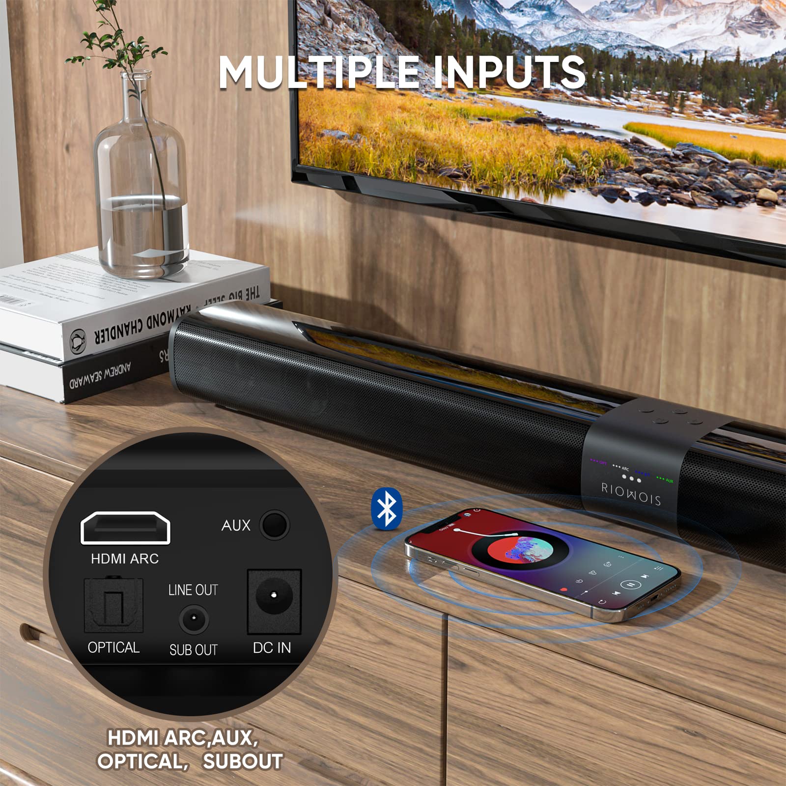 Riowois Sound Bars For Smart Tv, 31 In Bluetooth Tv Soundbar Speakers With Hdmi Arc, Optical Aux Connection, Crisp Sound And Eas