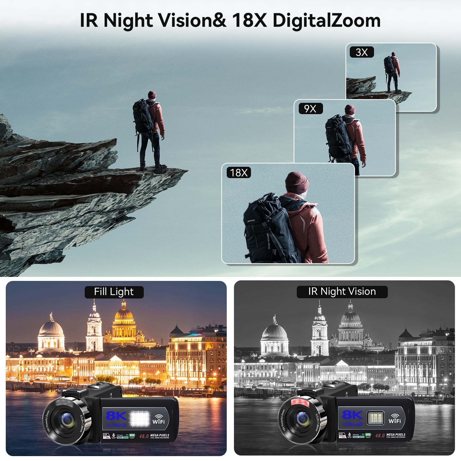 Wikico Video Camera, 8K Camcorder 48Mp Vlogging Camera For Youtube 18X Digital Zoom 3    Touch Screen With Wifi, External Mic, F