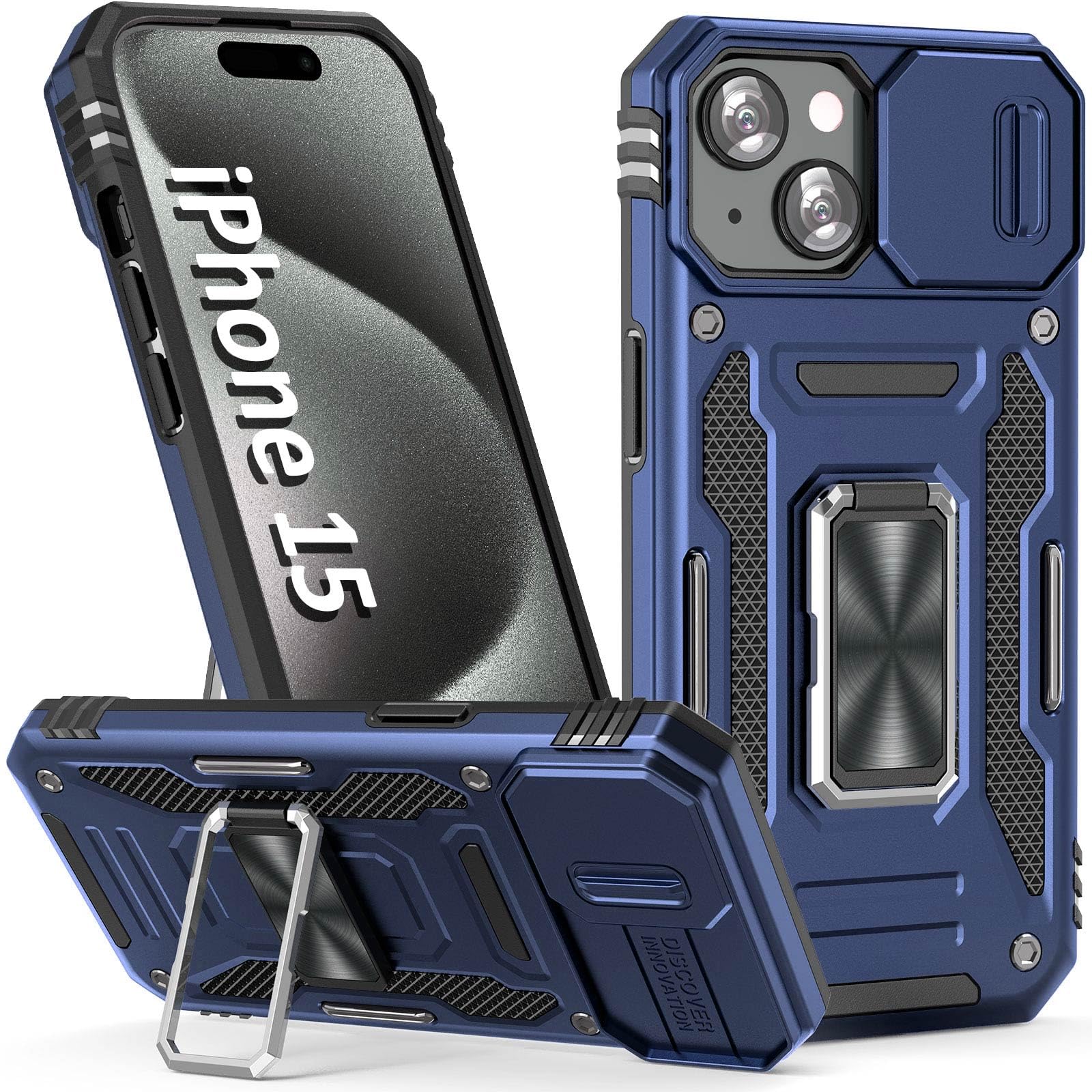 Sefing Case For Iphone 15 Phone Case Iphone 15 Case With Camera Lens Cover, With Ring Holder Kickstand, Fit Magnetic Car Mount, 