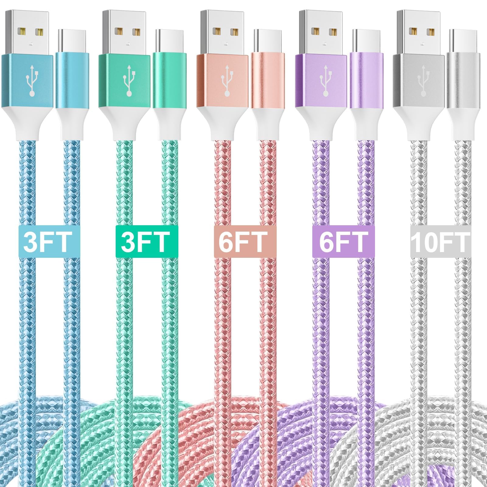 Hkyushine Usb To Usb C Charger Cable, 5 Pack(3/3/6/6/10Ft) Type C Charger Fast Charging Cord 3.1A Nylon Braided Android Charger 