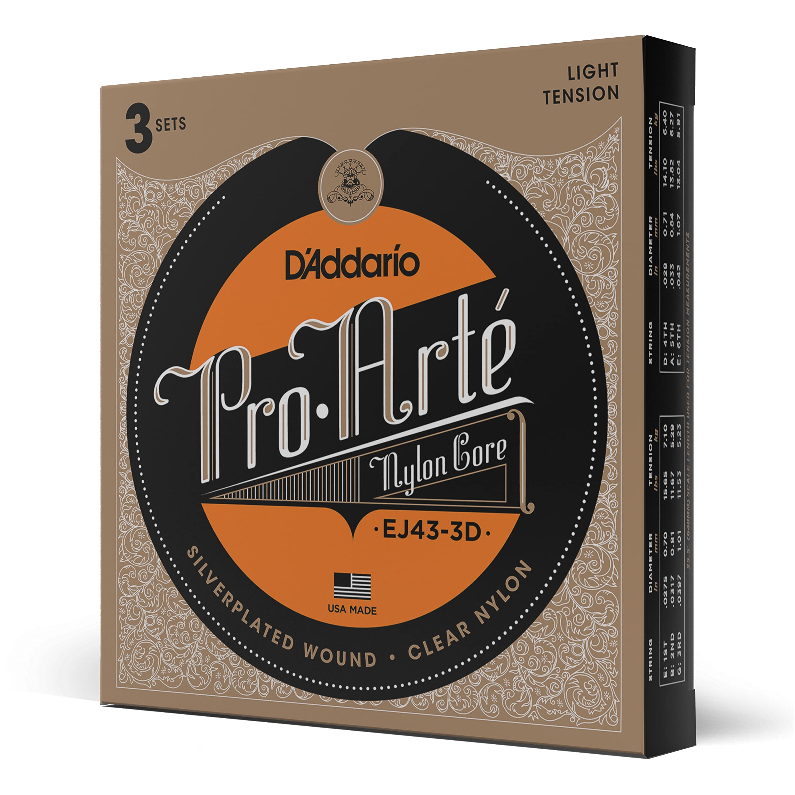 DAddario Pro Art   Nylon Classical Guitar Strings, EJ43-3D, Light Tension, 6-String Set, Pack of 3