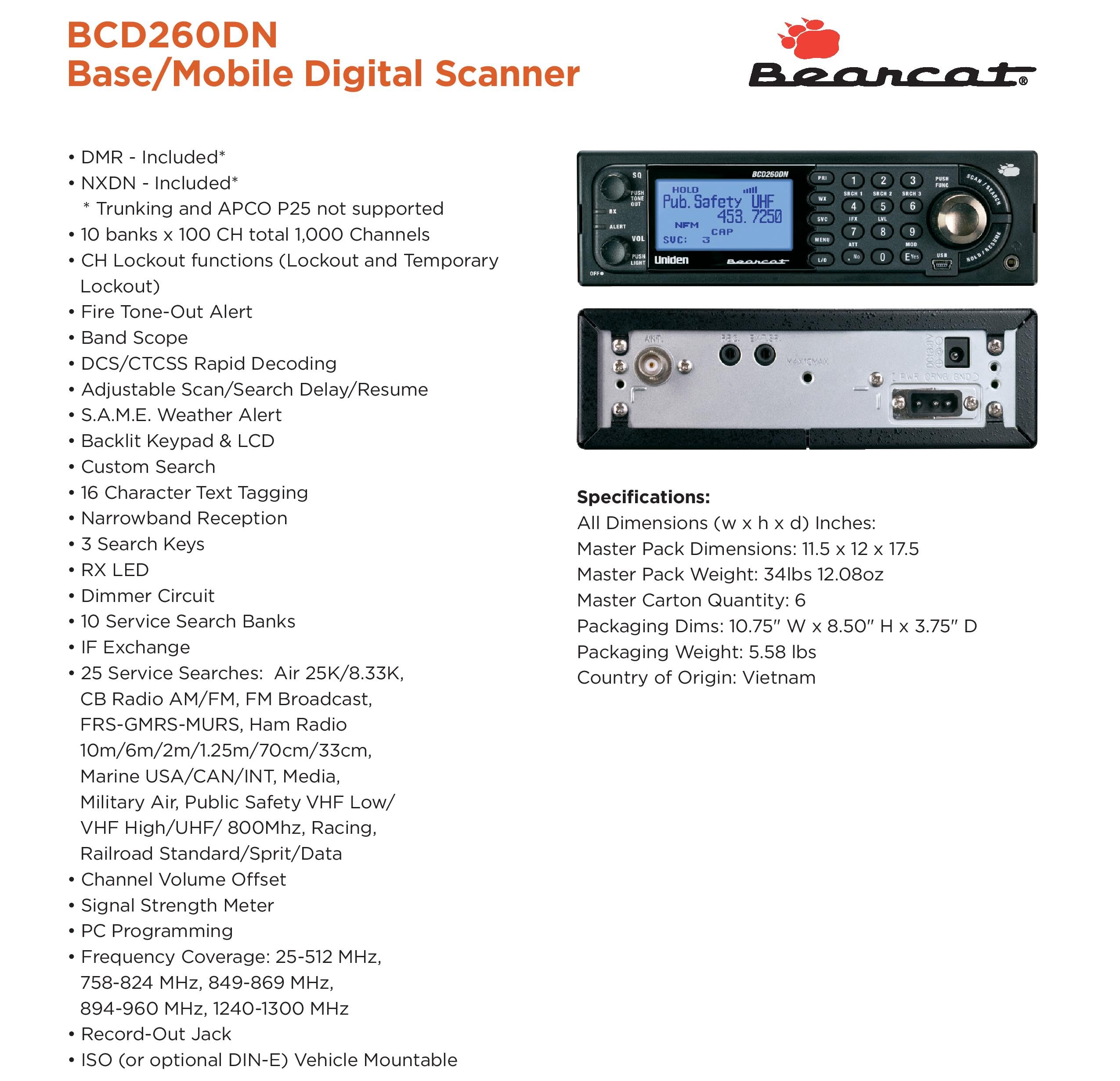 Uniden Bearcat Bcd260Dn Base/Mobile Digital Scanner, Performance Features, Band Scope Rapid System/Channel Number Tagging, Narro