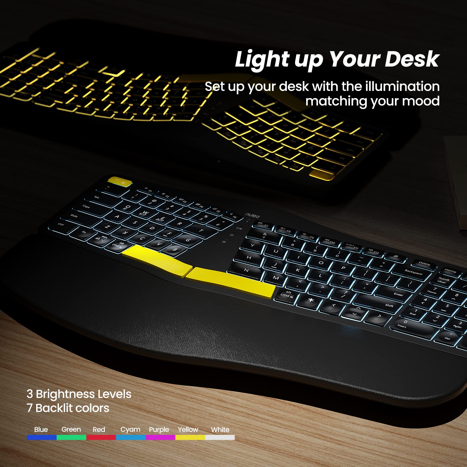 Nulea Wireless Ergonomic Keyboard RT05 - Split Design, USB-C Charging, 7-Color Backlight, Black, Bluetooth & USB Compatible