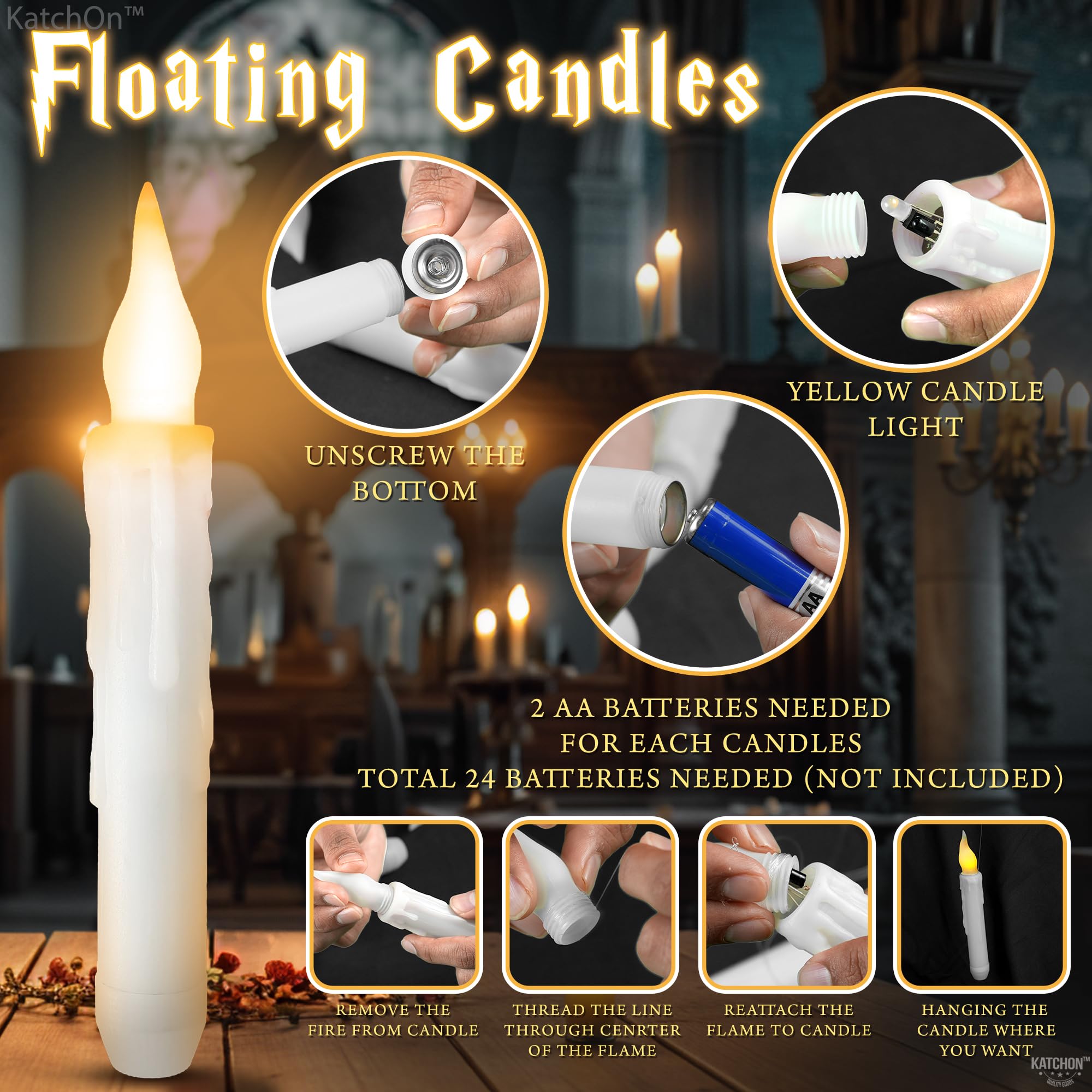 Katchon, Halloween Floating Candles With Wand Remote   12 Pcs, Magic Flickering Warm Light Flameless Floating Led Candle | Hallo