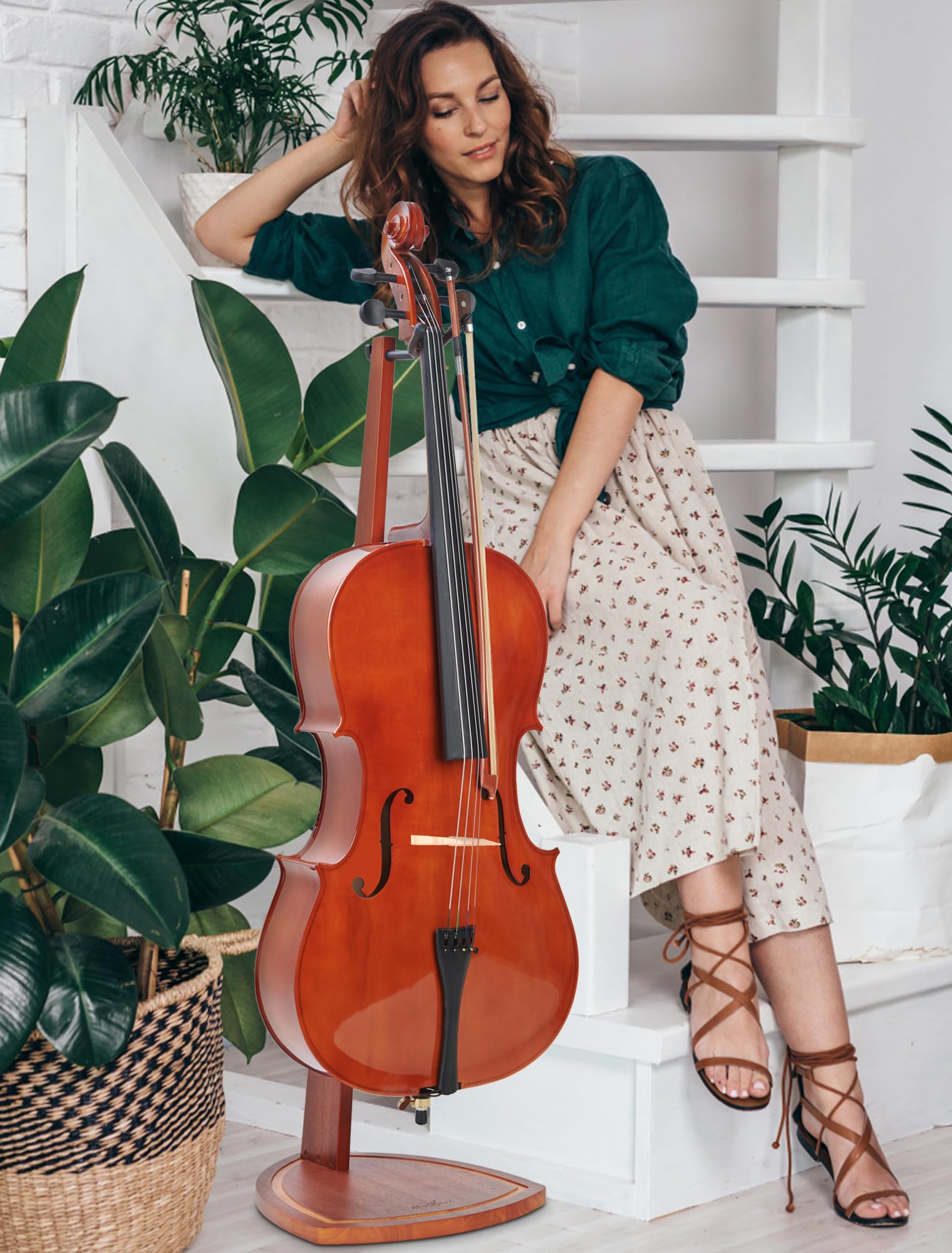 Musbeat Cello Stand With Bow Holder, Handcrafted Mahogany Wood Floor Stand For 4/4 Full-Size And 1/2, 1/4, 3/4, 1/8, 7/8 Cello H