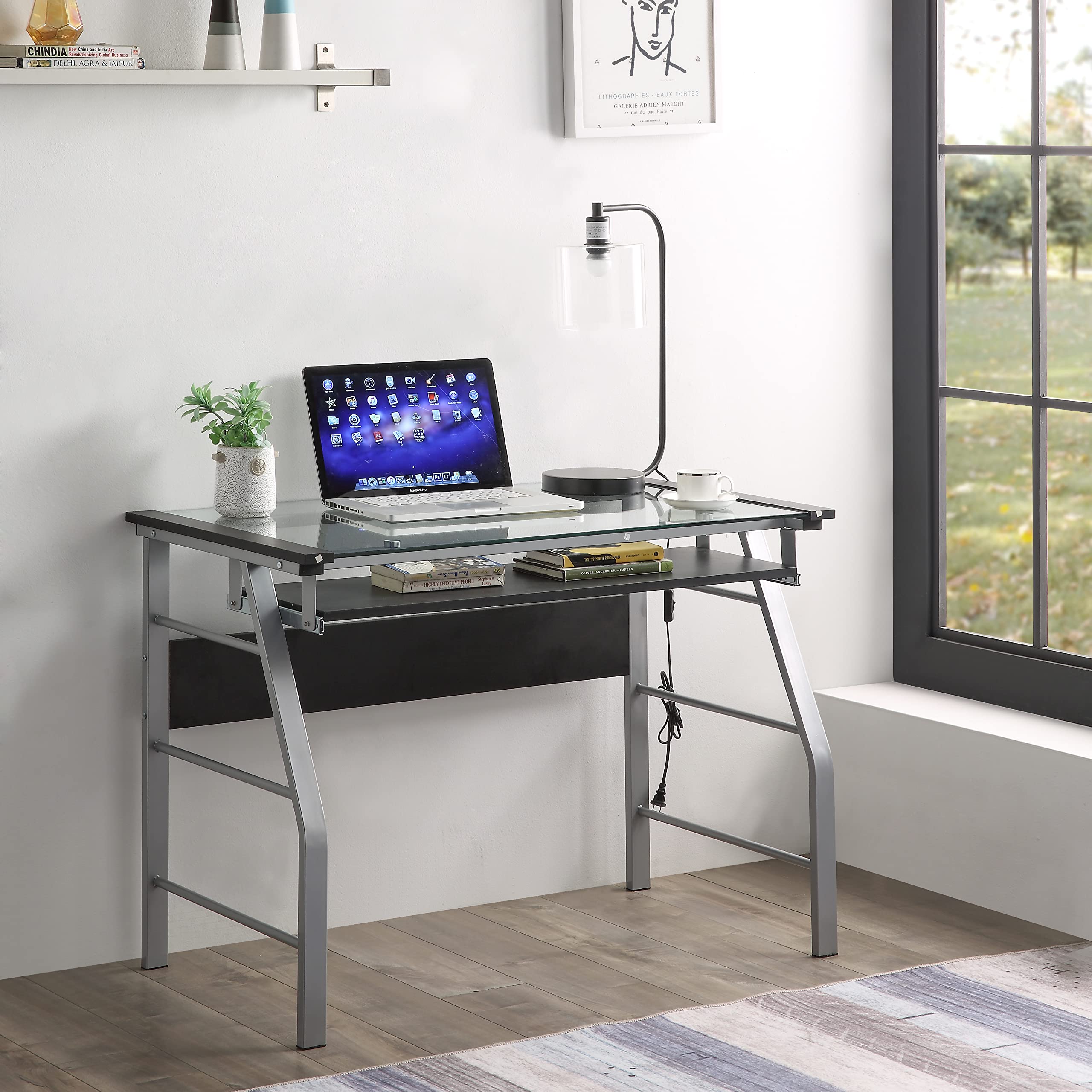 King'S Brand Metal And Glass Top Home Office Computer Desk/Table, Silver Finish