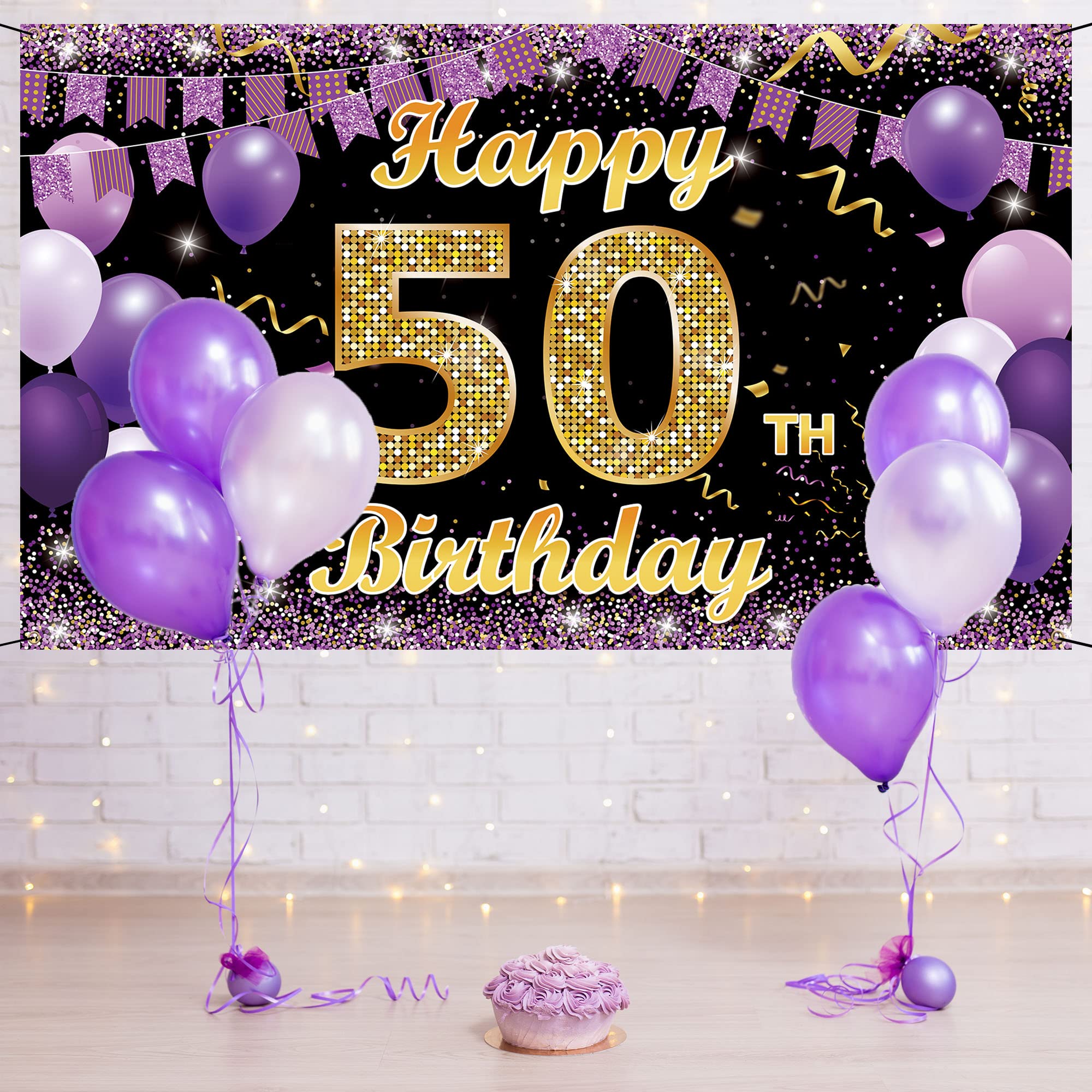 50Th Birthday Decorations Backdrop Banner, Happy 50Th Birthday Decorations For Her, Gold Purple 50 Birthday Party Photo Backdrop