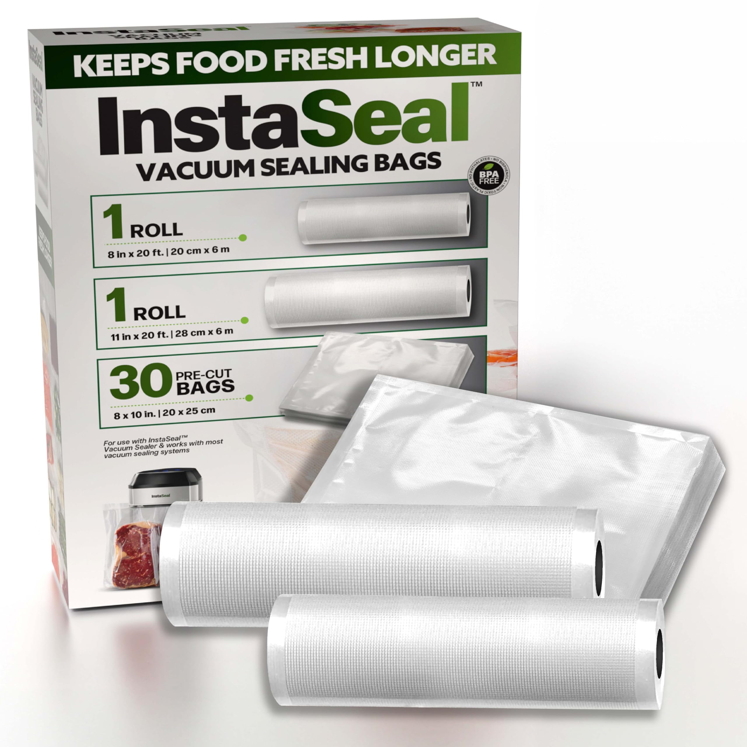 Instaseal Vacuum Sealer Bags For Food, 1 Roll 8'' X 20 Ft + 1 Roll 11'' X 20 Ft + 30 Pre Cut Vacuum Seal Bags For Food, Works Wi