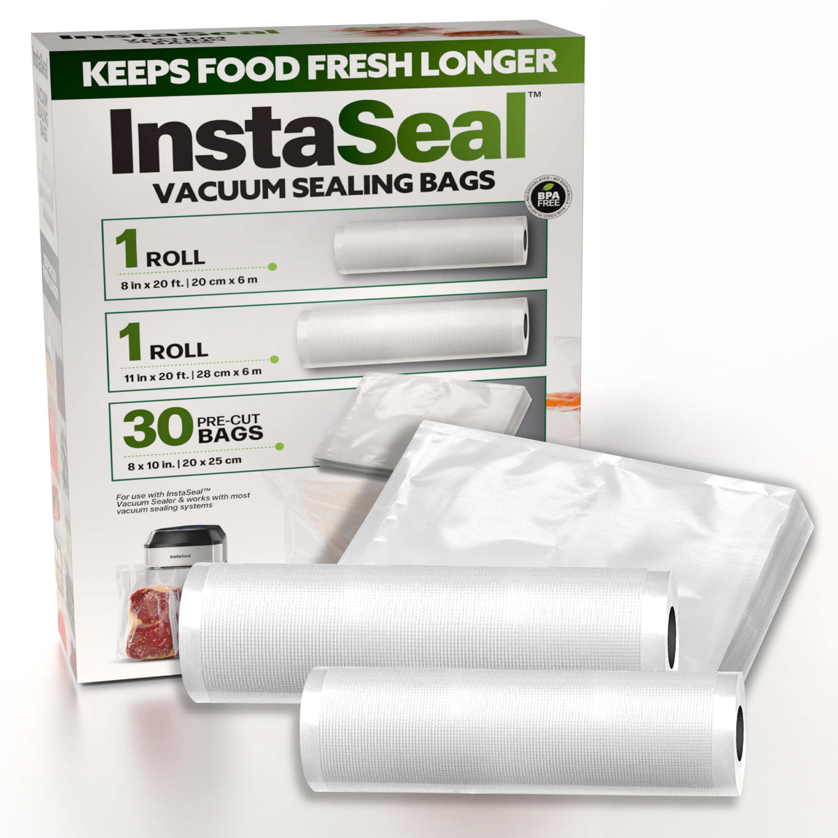 Instaseal Vacuum Sealer Bags For Food, 1 Roll 8'' X 20 Ft + 1 Roll 11'' X 20 Ft + 30 Pre Cut Vacuum Seal Bags For Food, Works Wi
