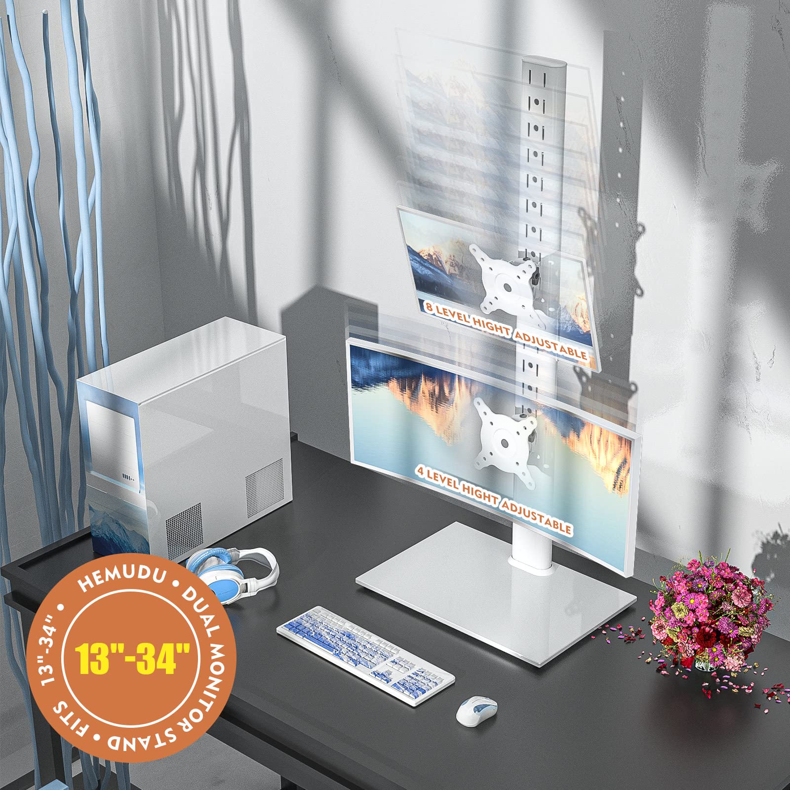 Dual Monitor Stand   Vertical Stack Screen Free Standing Monitor Riser Fits Two 13 To 34 Inch Screen With Swivel, Tilt, Height A