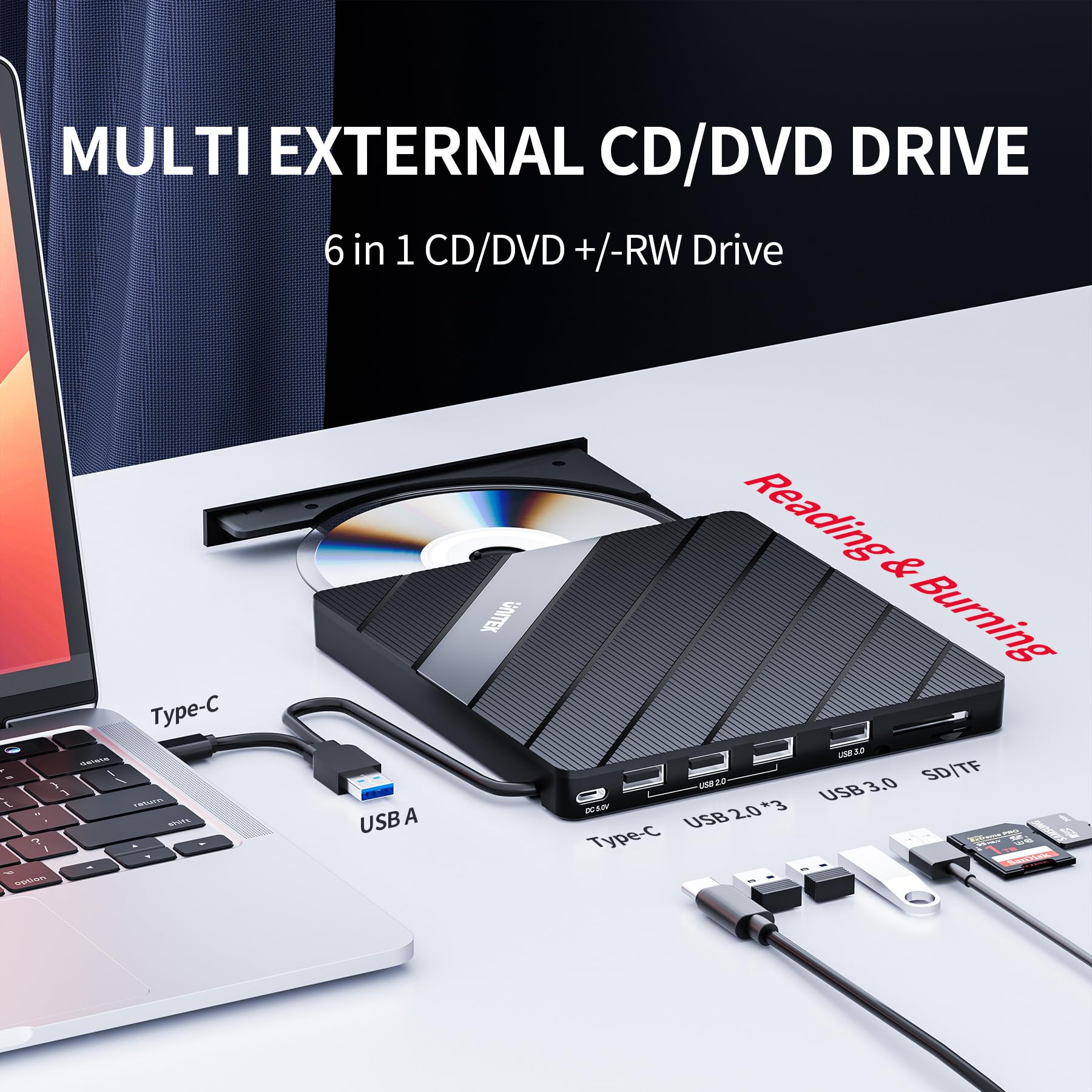 Unitek External Dvd Driver Usb C Portable Cd/Dvd +/ Rw Drive/Dvd Player With Sd Card Reader Usb 3.0 Hub Usb C Power Port Cd Rom