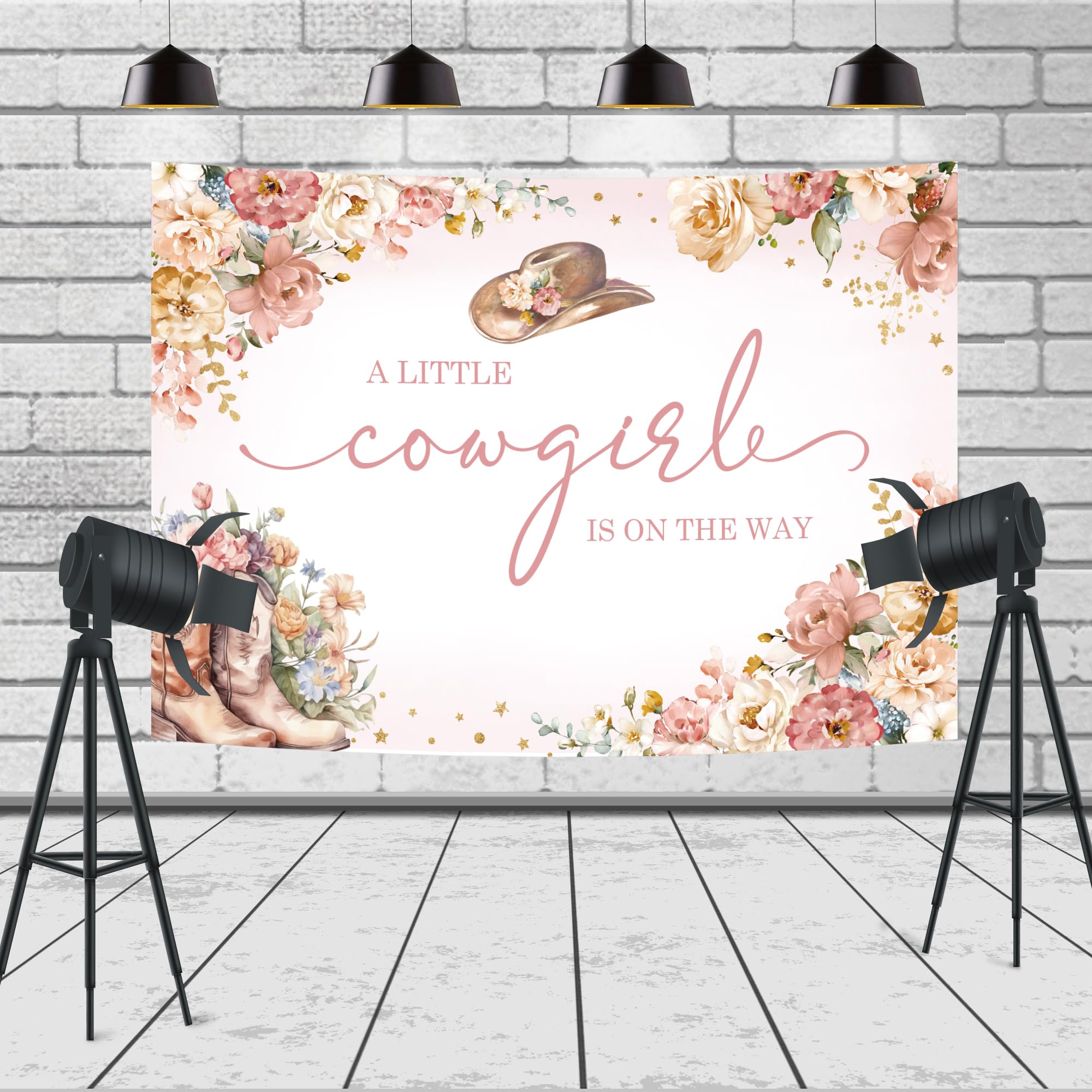 Ufeela Western Cowgirl Baby Shower Backdrop Floral A Little Girl Is On The Way Pink Rustic Watercolor Flower Rose Hat Boots 7Wx5