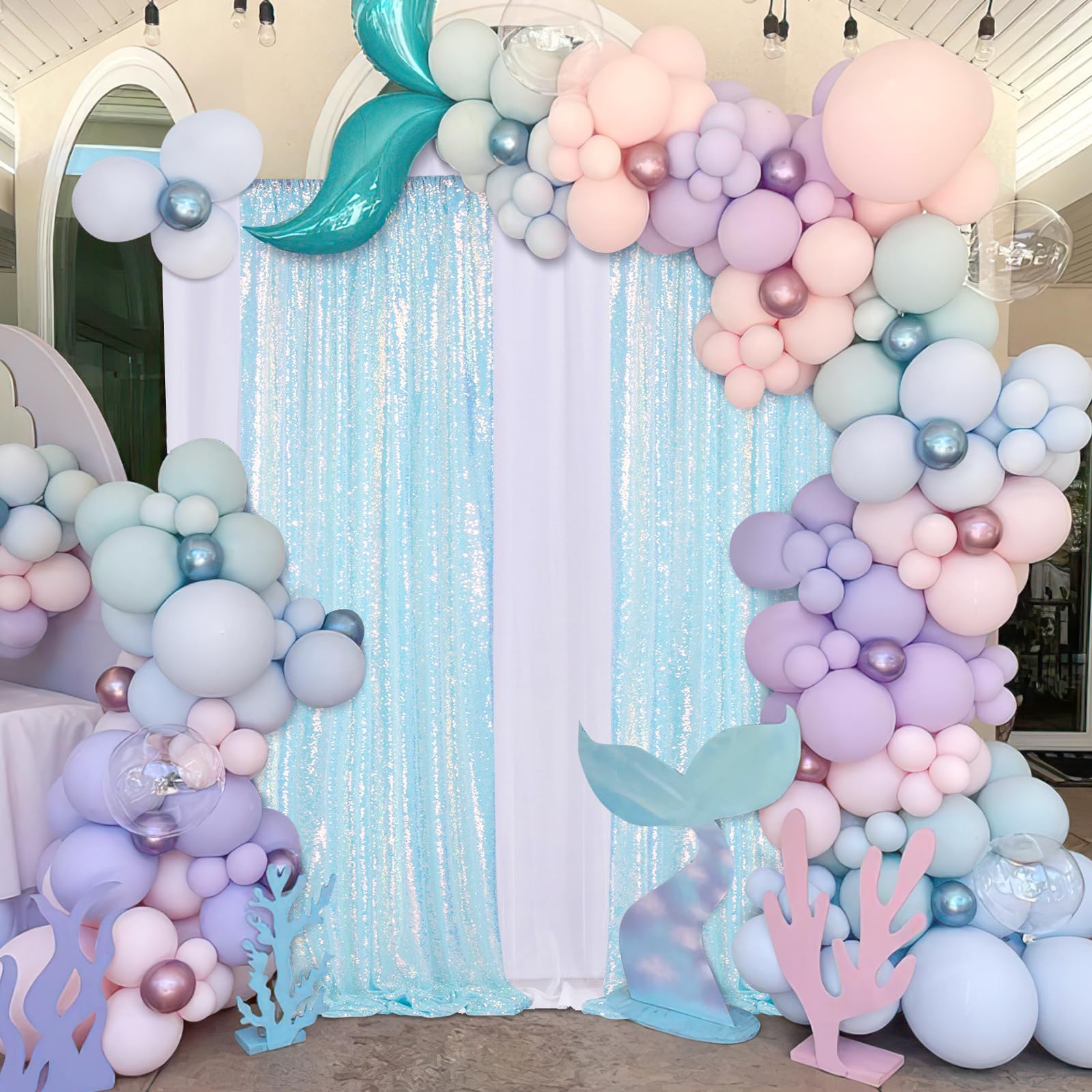 Mermaid Blue Sequin Backdrop Curtain 6 Pcs 2Ftx8Ft Wedding Party Backdrop Silver Sparkly Fabric Curtains For Wedding Christmas P