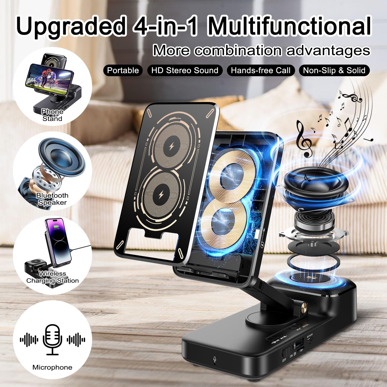 Gifts For Men Women, Bluetooth Speaker With Wireless Charging Phone Stand, Hd Surround Sound Speaker, Cool Gadget Gifts For Men