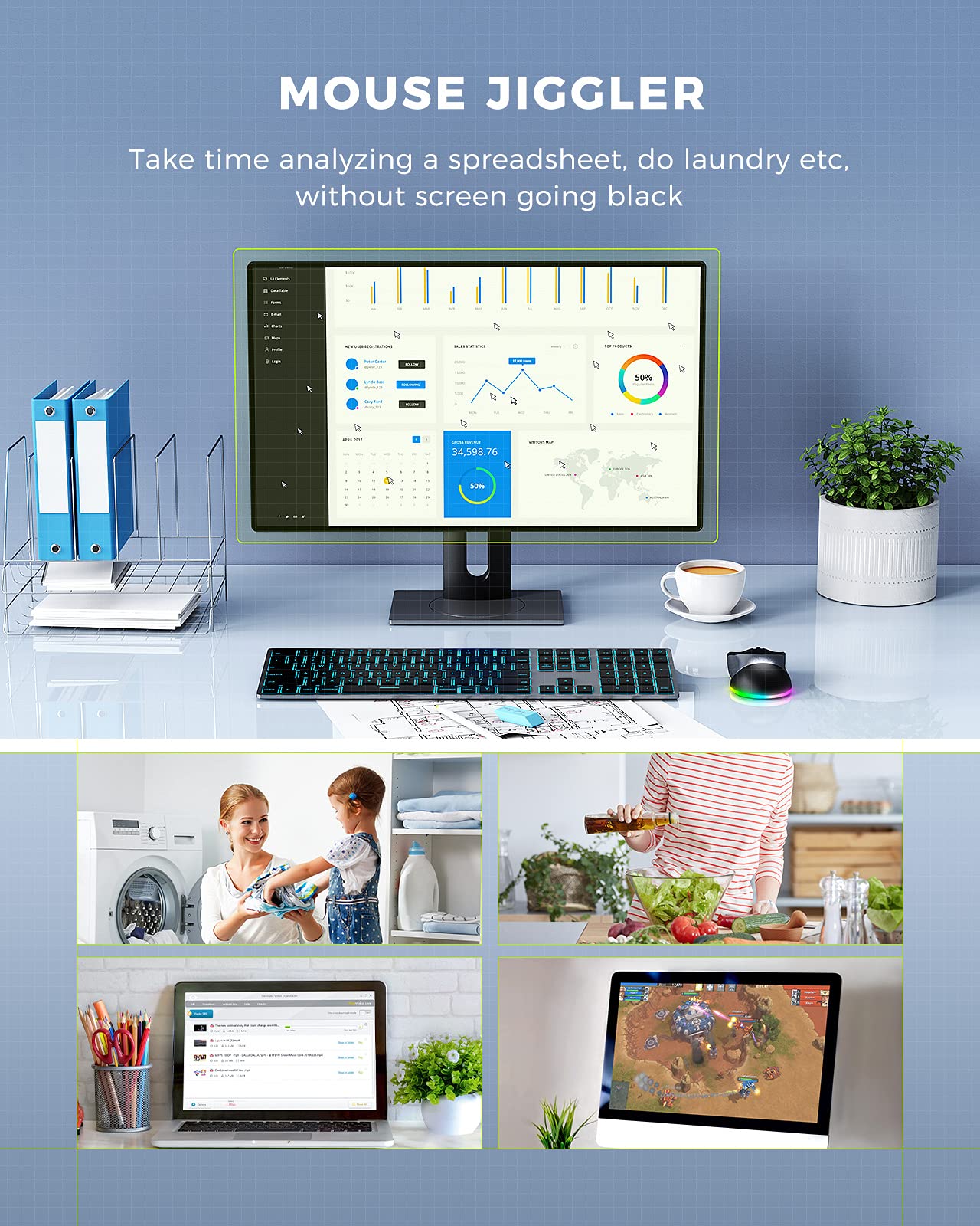 Peious Wireless Mouse, Jiggler Mouse For Laptop   Led Mouse Rechargeable Computer Mice Mouse Mover Undetectable Random Movement