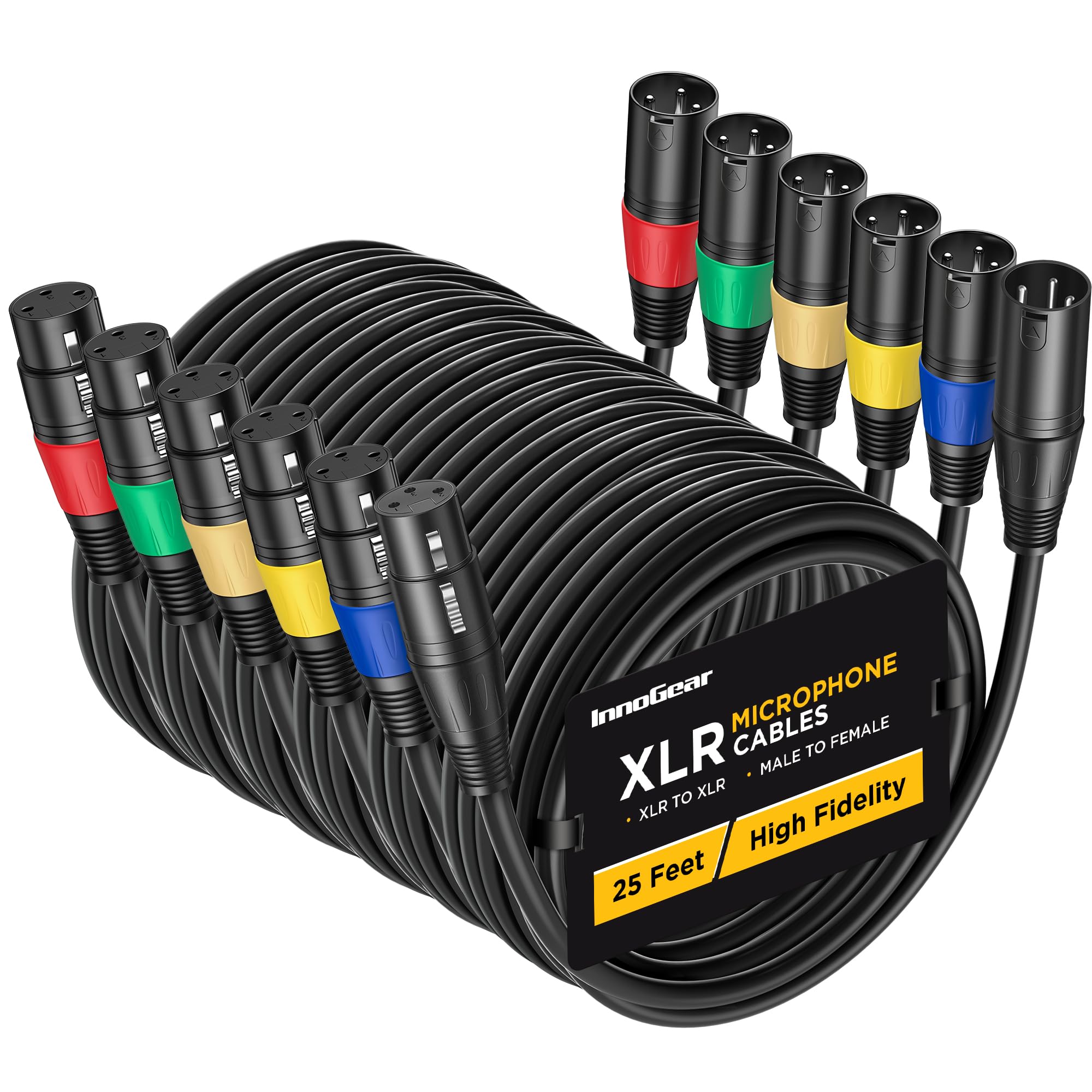 Innogear Xlr Microphone Cables, 25 Feet 6 Pack Oxygen Free Copper Male To Female 3 Pin Balanced Xlr Mic Cables Cord For Speaker