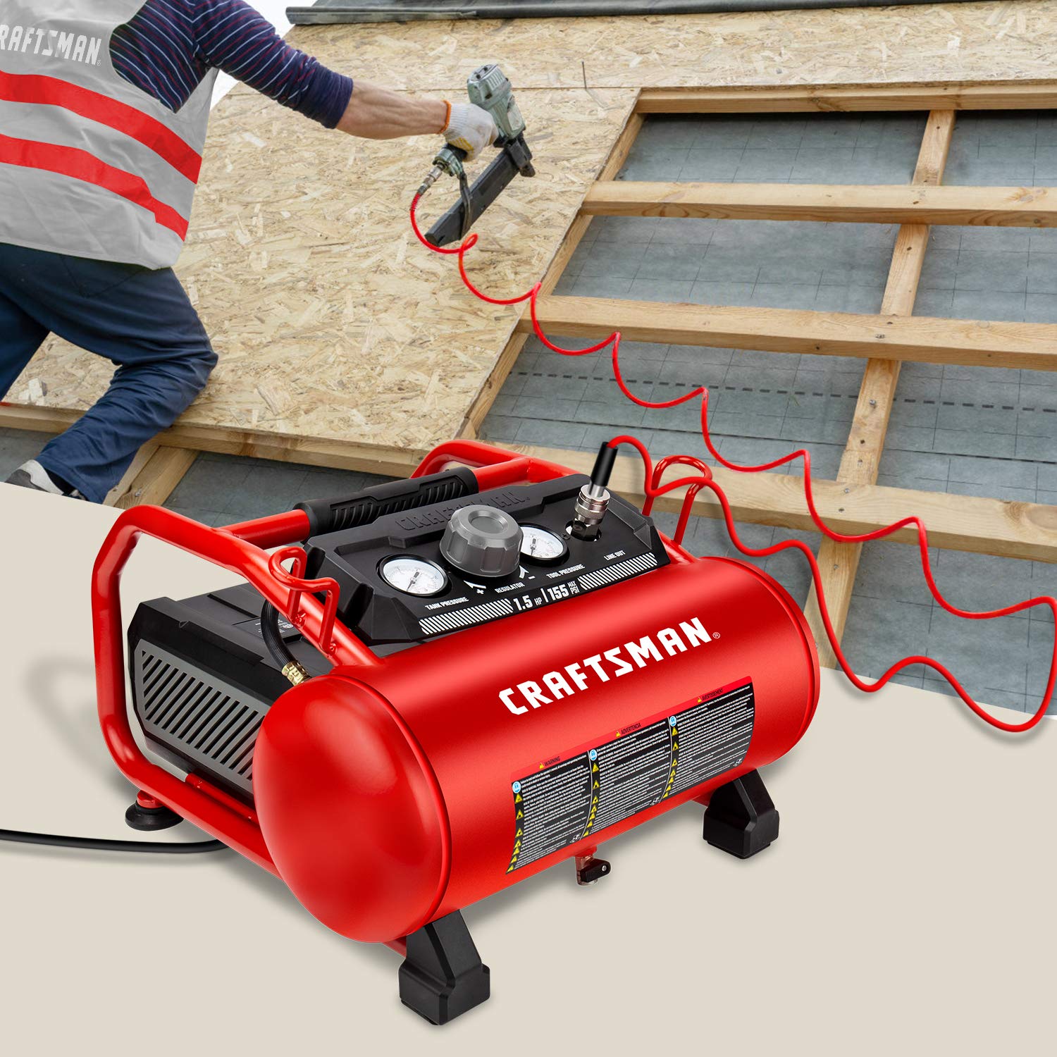 Craftsman Air Compressor, 3 Gallon 1.5 Hp Max 155 Psi Pressure Oil-Free Portable, Red- Cmxecxa0200341
