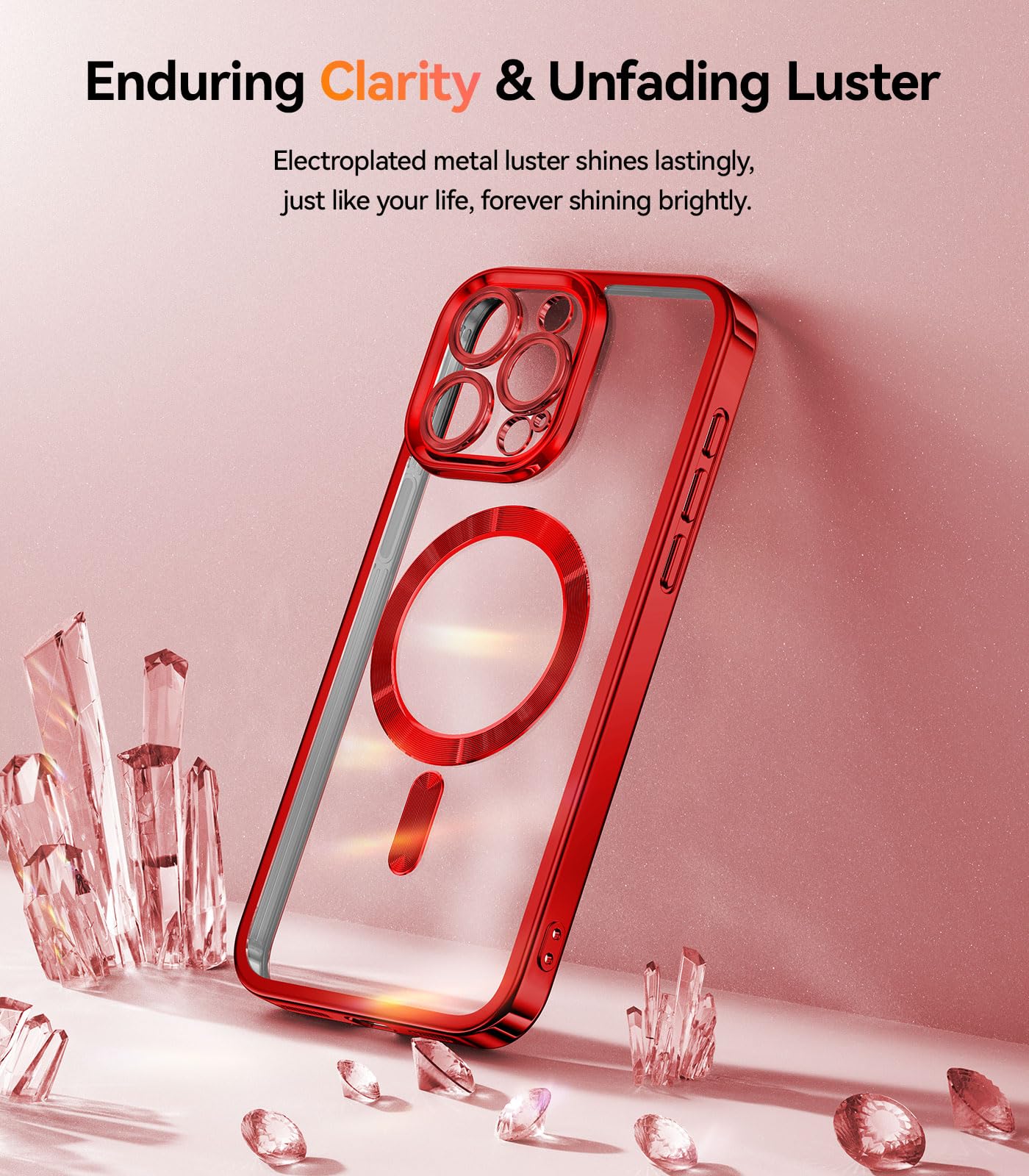 Meifigno Christmas Red Case Designed For Iphone 15 Pro Max, [Compatible With Magsafe][Glitter Card & Wrist Strap] Full Camera Le