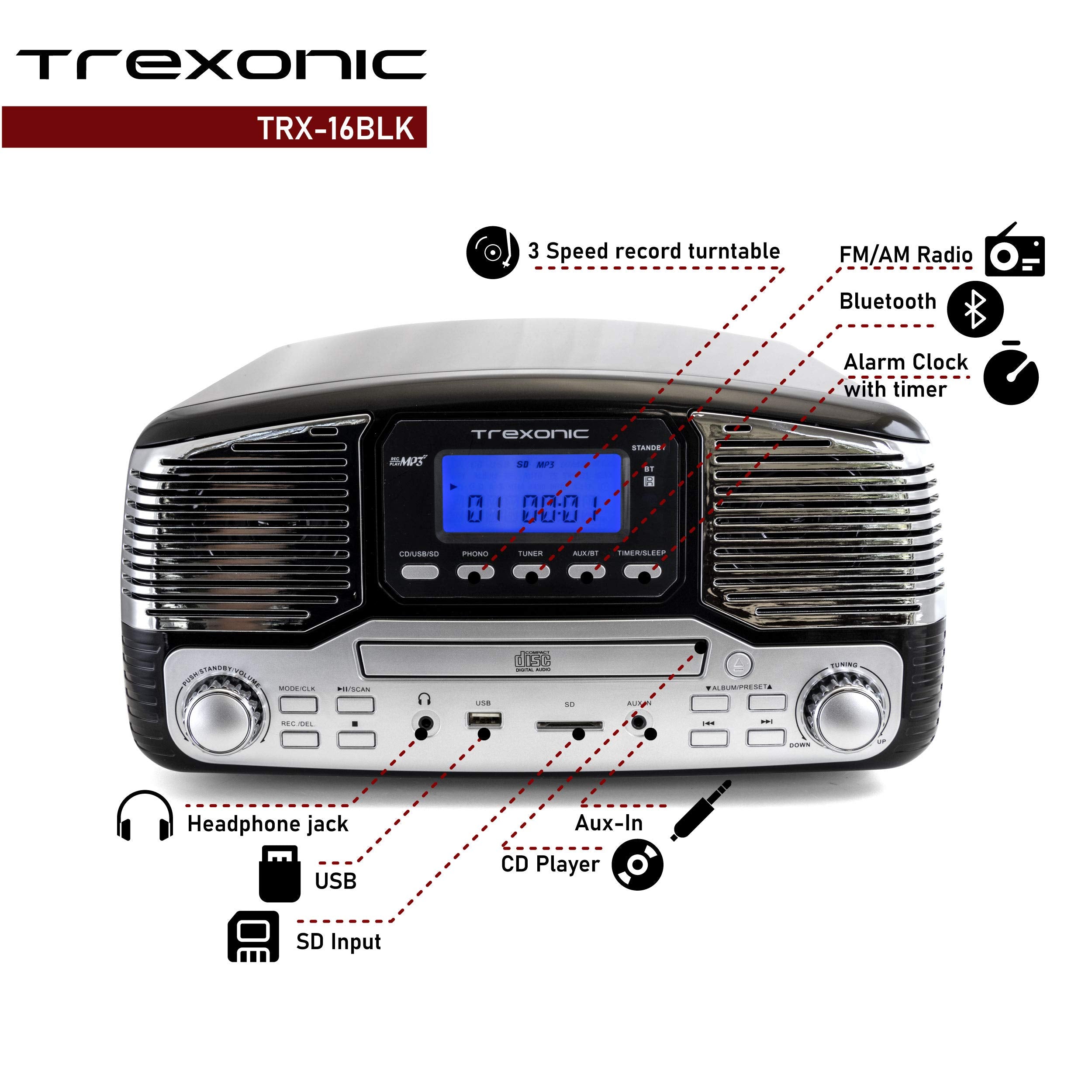 Trexonic Retro Record Player With Bluetooth, Cd Players And 3-Speed Turntable In Black