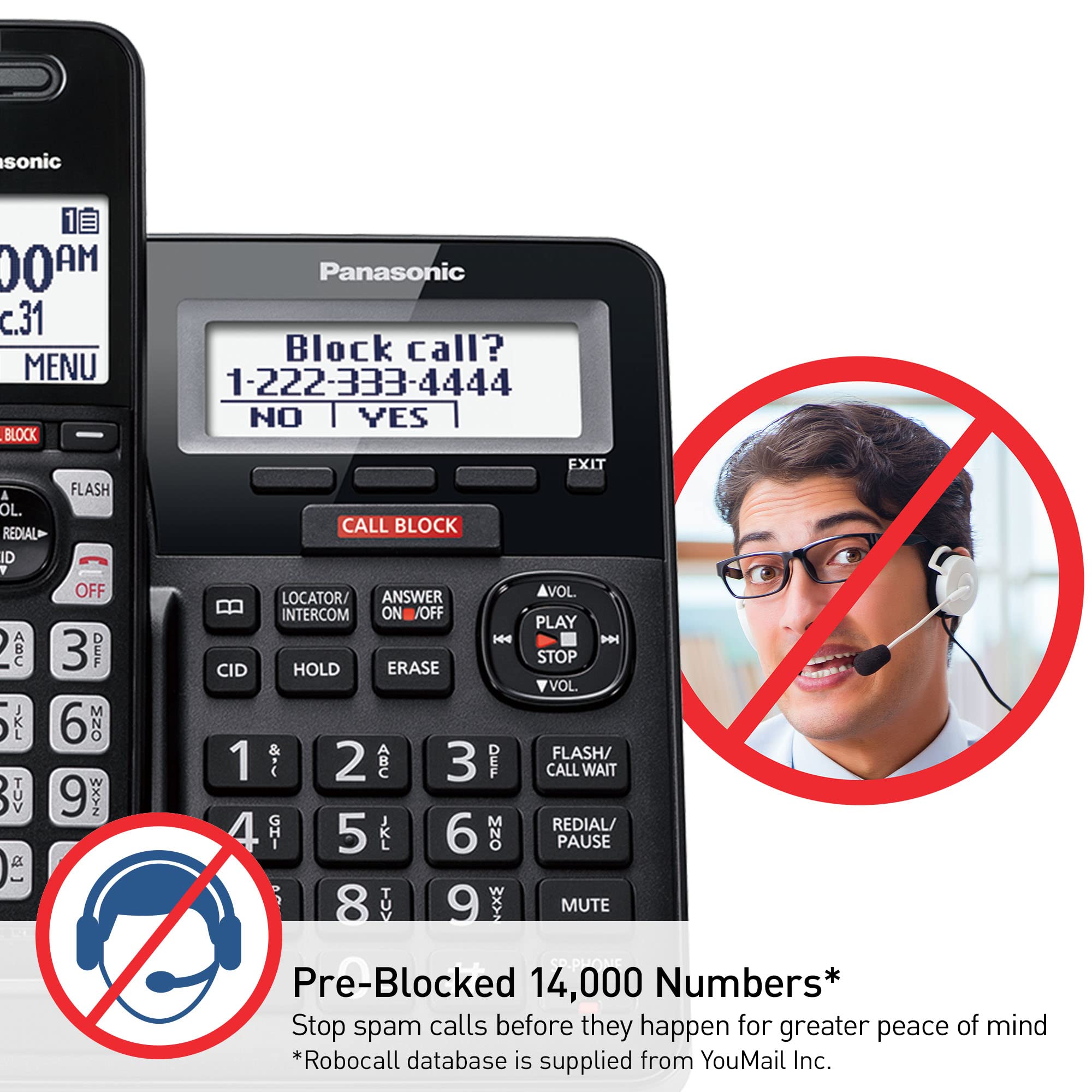 Panasonic Cordless Phone With Advanced Call Block, One-Ring Scam Alert, And 2-Way Recording With Answering Machine, 4 Handsets -