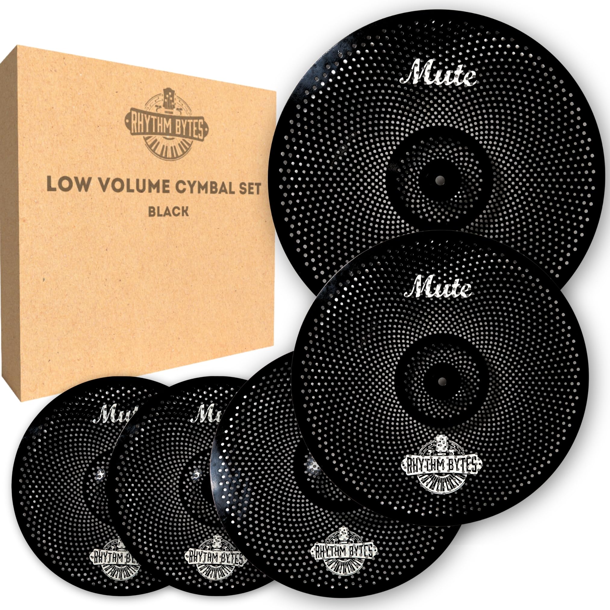 Rhythm Bytes Low Volume Cymbal Pack | 5-Piece Quiet Cymbal Set | Silent Cymbals for Drums - 14 Hi-Hats, 16 & 18 Crash Cymbals, 2