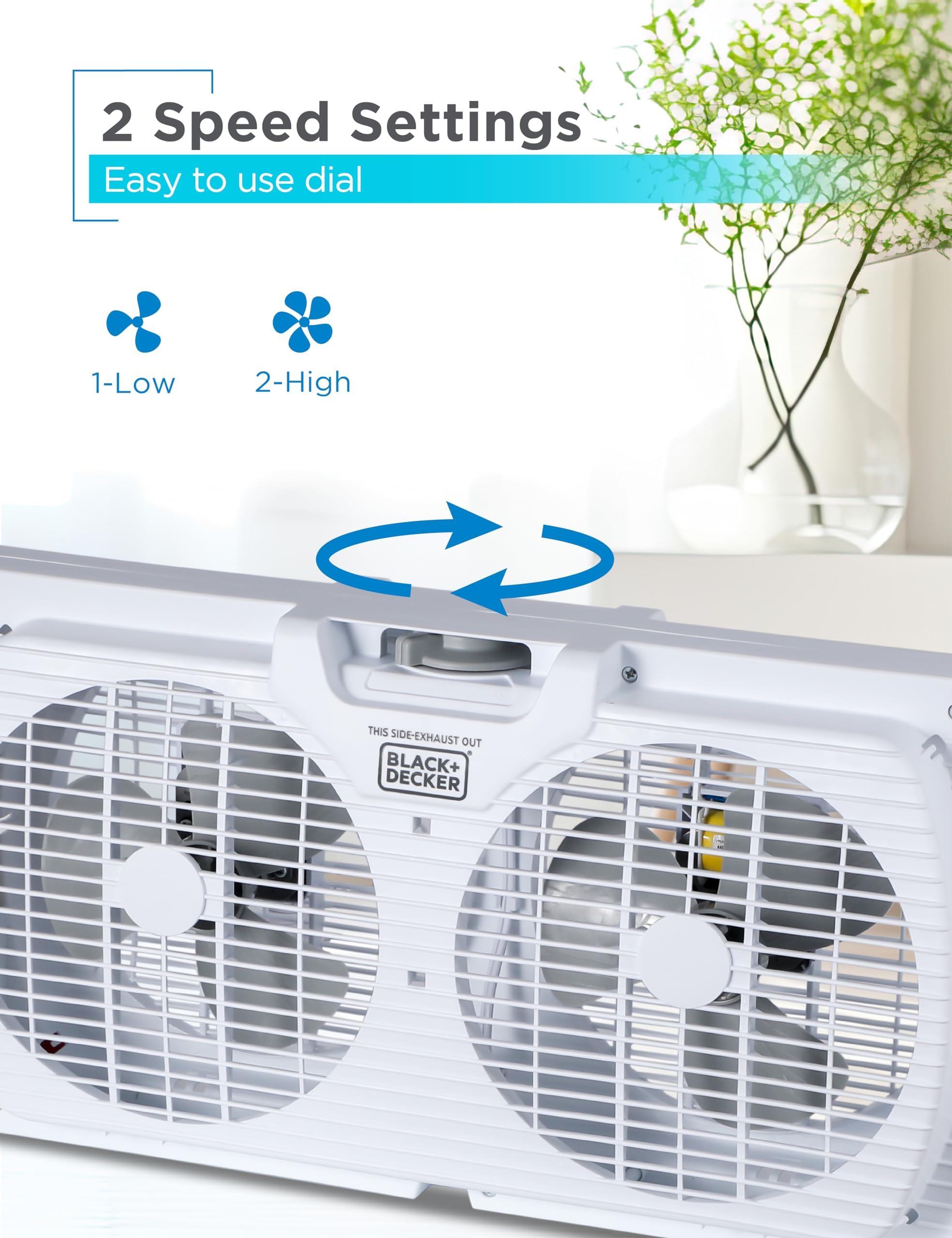 Black+Decker 9'' Dual Window Fan For Window Screen With 2 Speed Settings, Twin Window Fan With Mechanical Controls And Removable