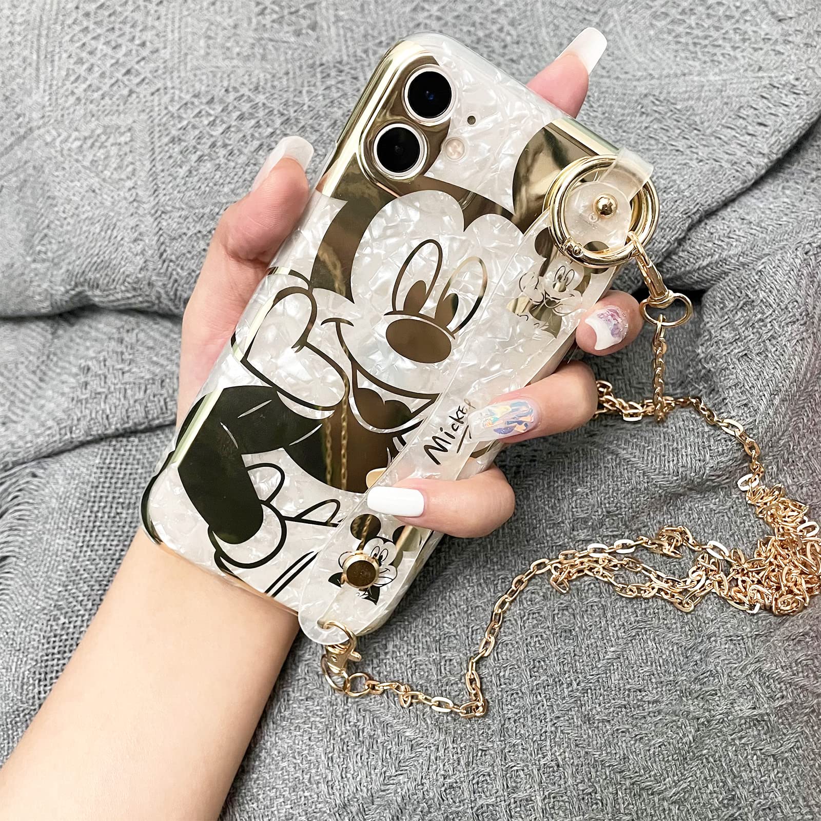 Hosiss Cartoon Case For Iphone 13 Pro 6.1 '' With Hd Screen Protector, Mickey Mouse With Wrist Strap Kickstand Metal Chain Strap